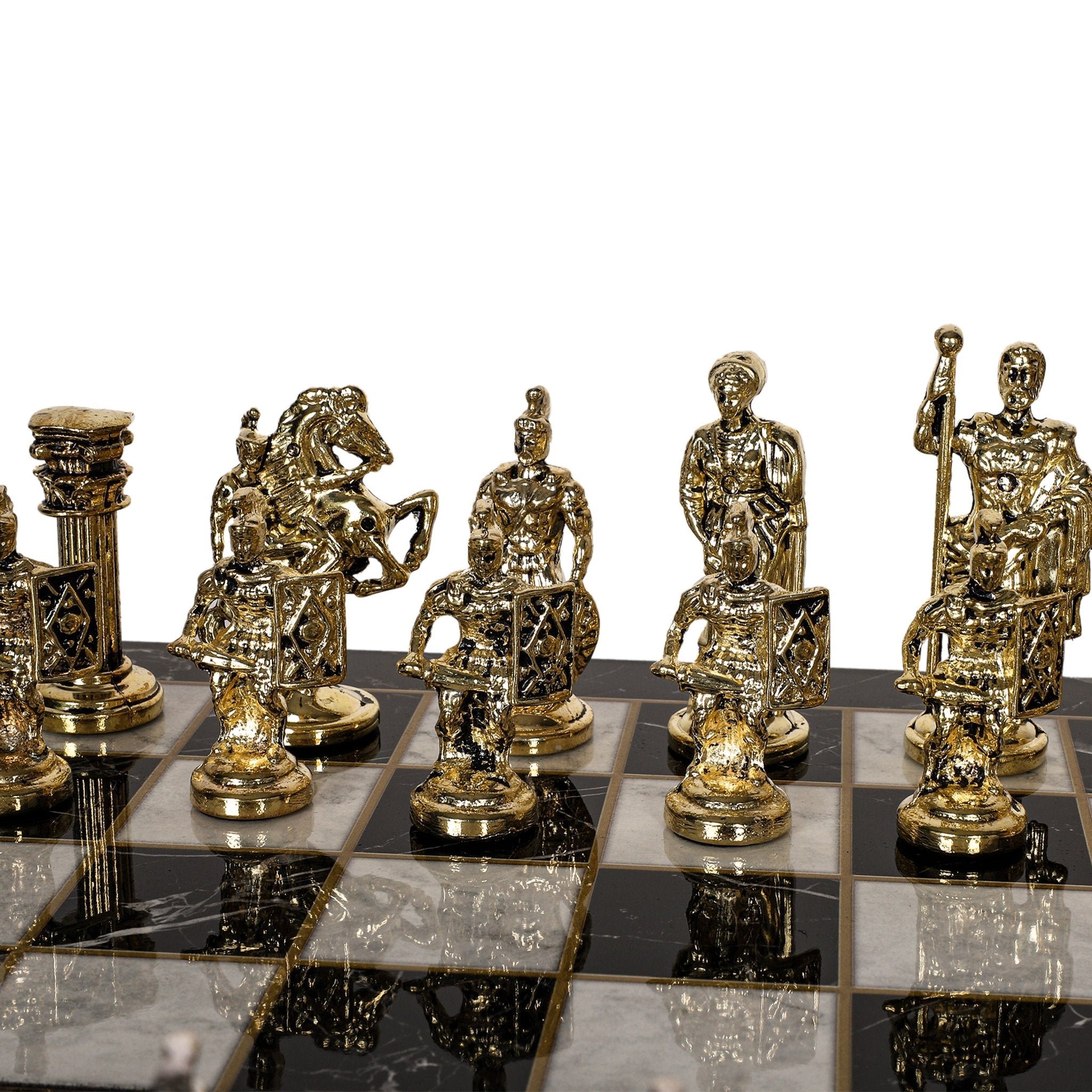 Metal Roman Chess Set | Wooden Board Marble/Mosaic Pattern – 44 cm (17 inch) - Cooper Chess