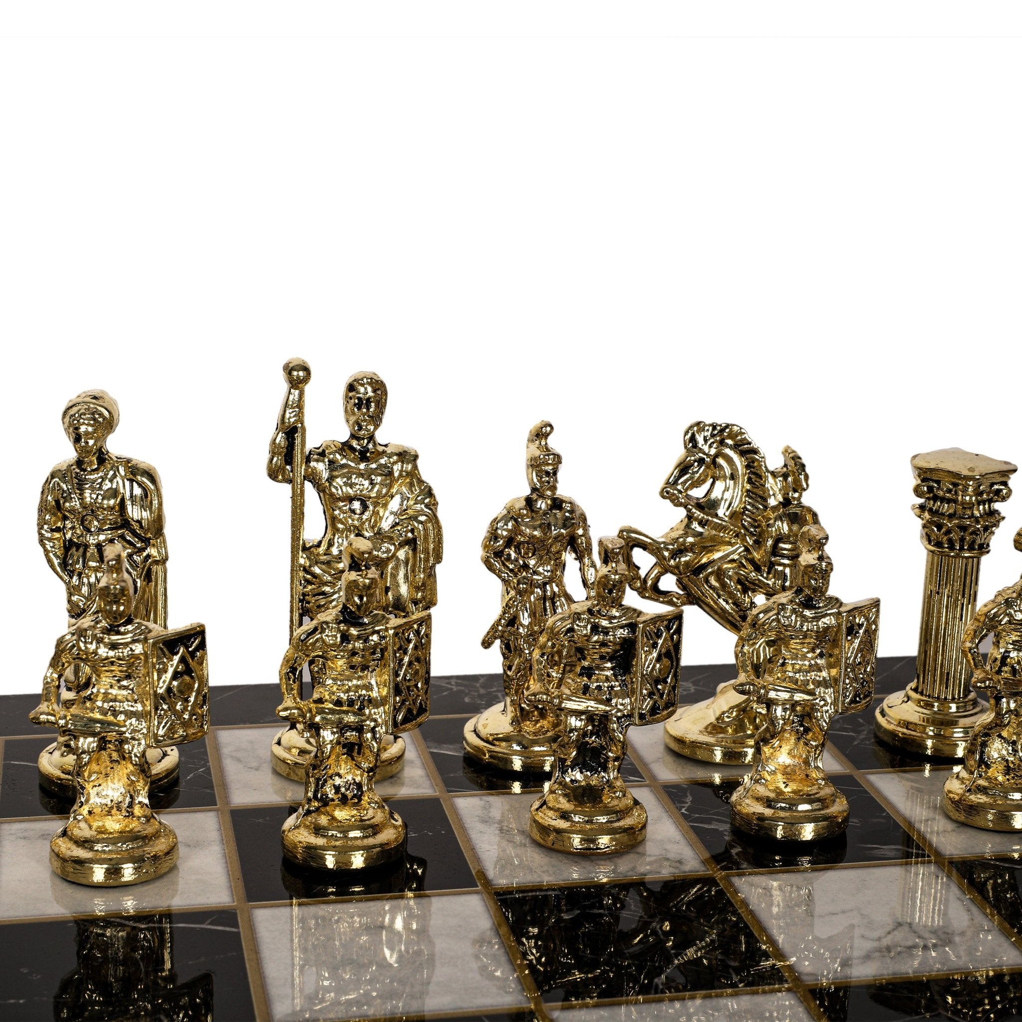 Metal Roman Chess Set | Wooden Board Marble/Mosaic Pattern – 44 cm (17 inch) - Cooper Chess