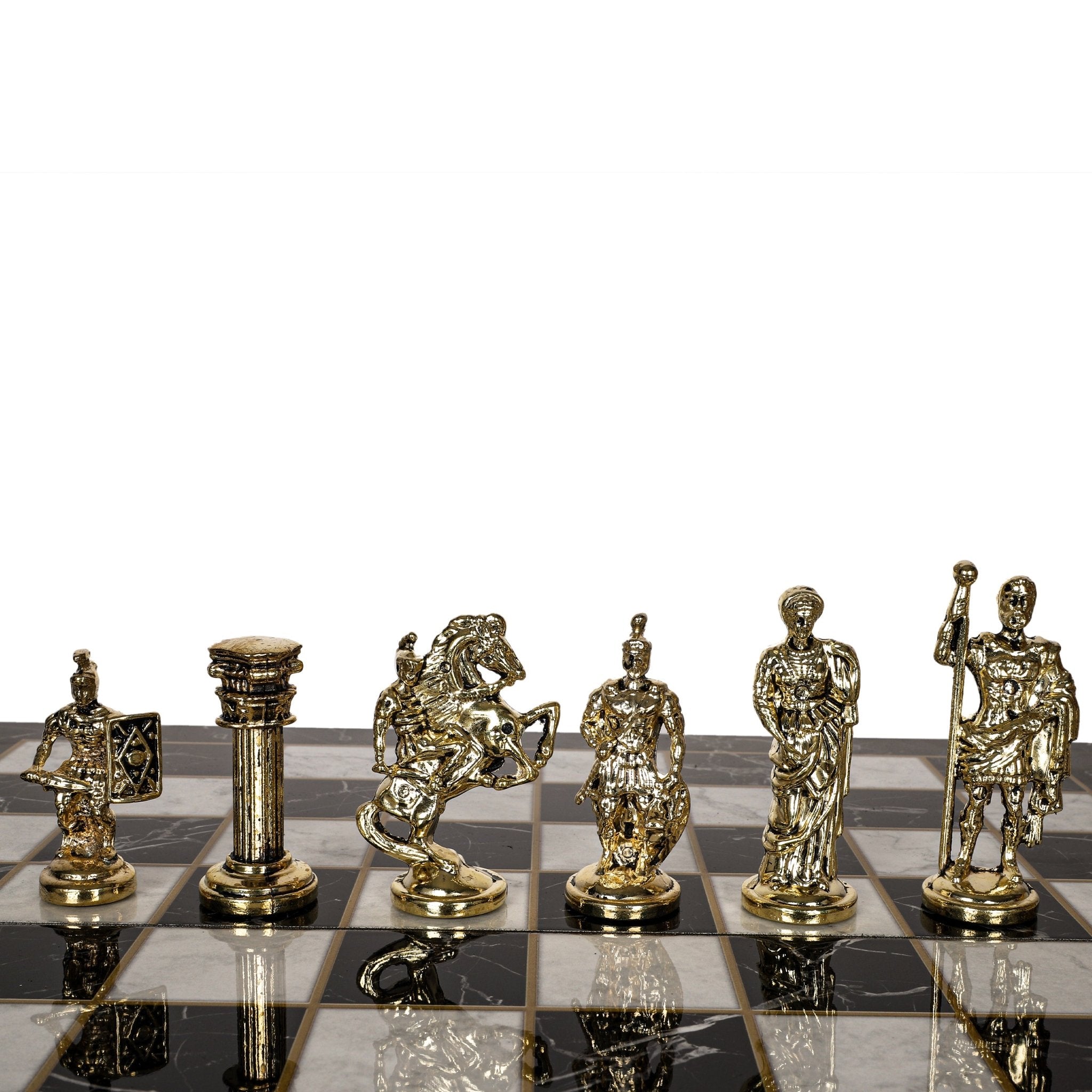 Metal Roman Chess Set | Wooden Board Marble/Mosaic Pattern – 44 cm (17 inch) - Cooper Chess