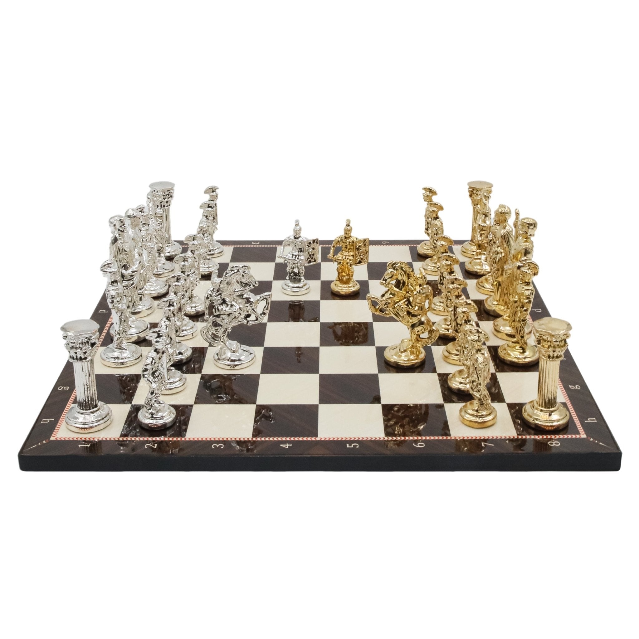 Metal Roman Archer Chess Set | Wooden Board Marble/Mosaic Pattern – 44 cm (17 inch) - Cooper Chess