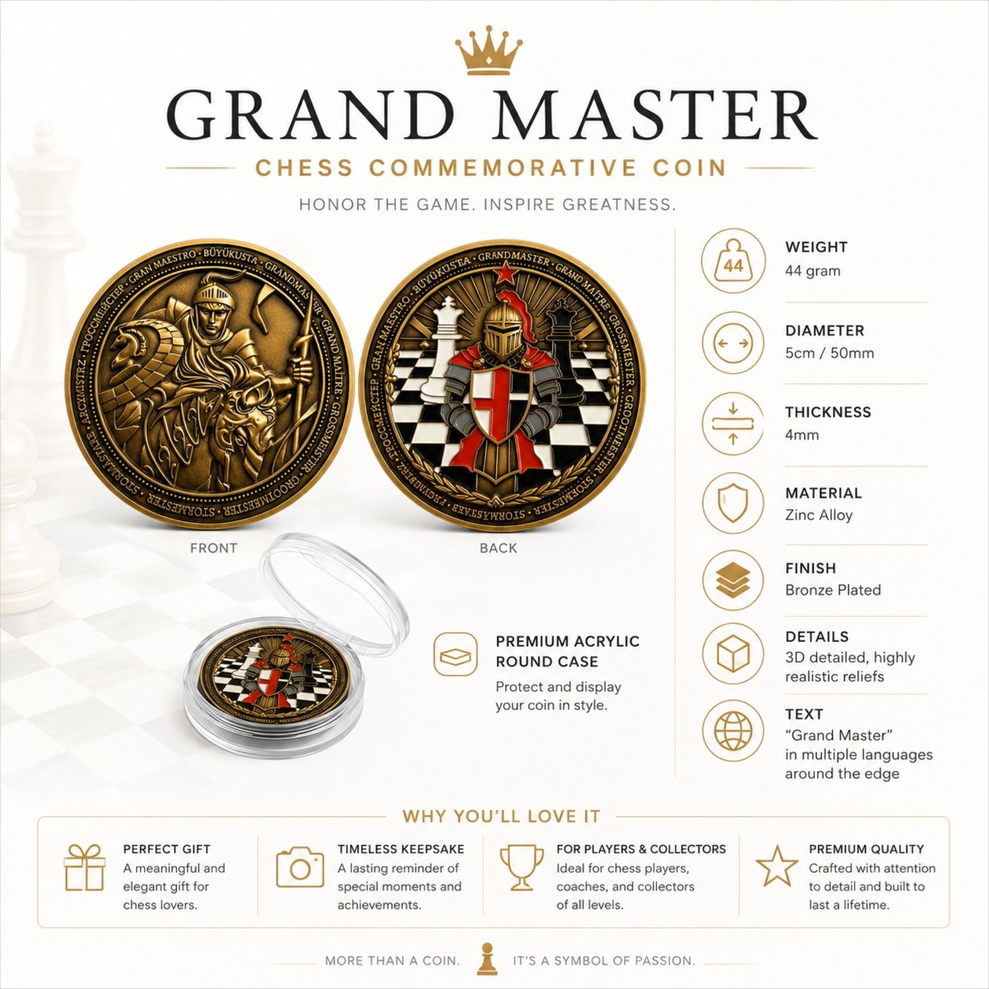 Chess Grandmaster Collectible Coin – Limited Edition – Inspirational Gift for Chess Lovers, Strategy Players & Collectors - Cooper Chess