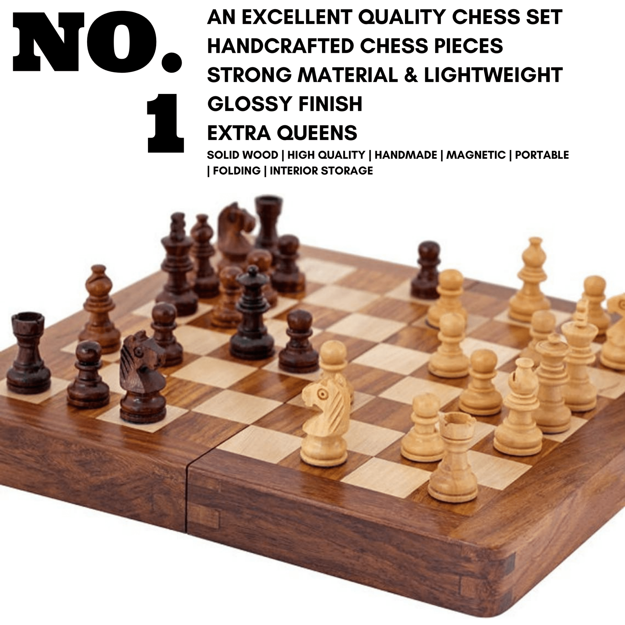 10 inch Foldable Magnetic Chess Set with Extra Queens | Handmade Travel Chess Set - Cooper Chess