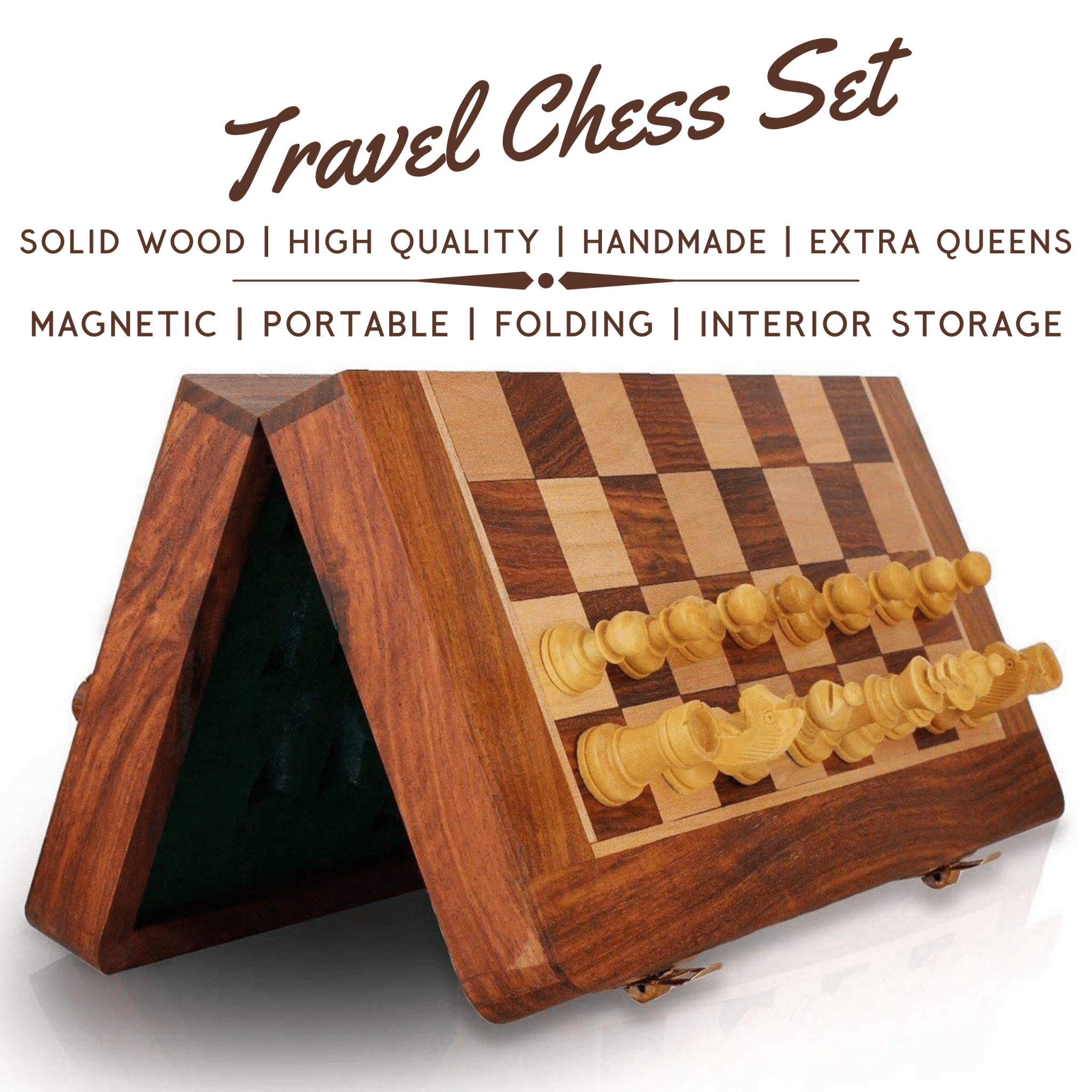 10 inch Foldable Magnetic Chess Set with Extra Queens | Handmade Travel Chess Set - Cooper Chess