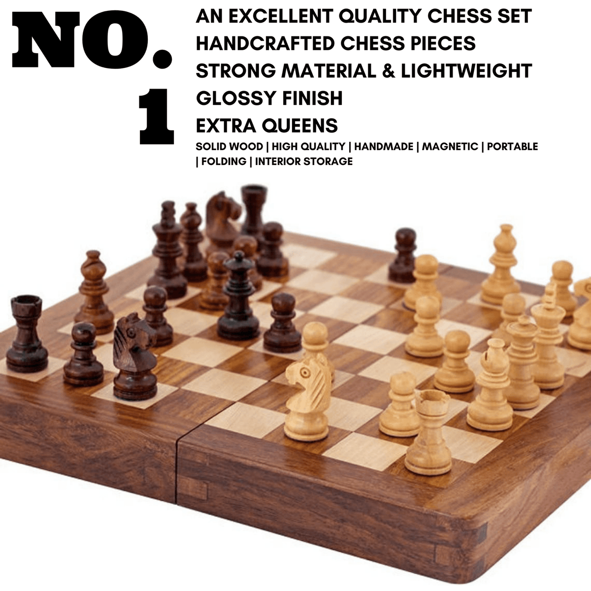 12 inch Foldable Magnetic Chess Set with Extra Queens | Handmade Travel Chess Set - Cooper Chess