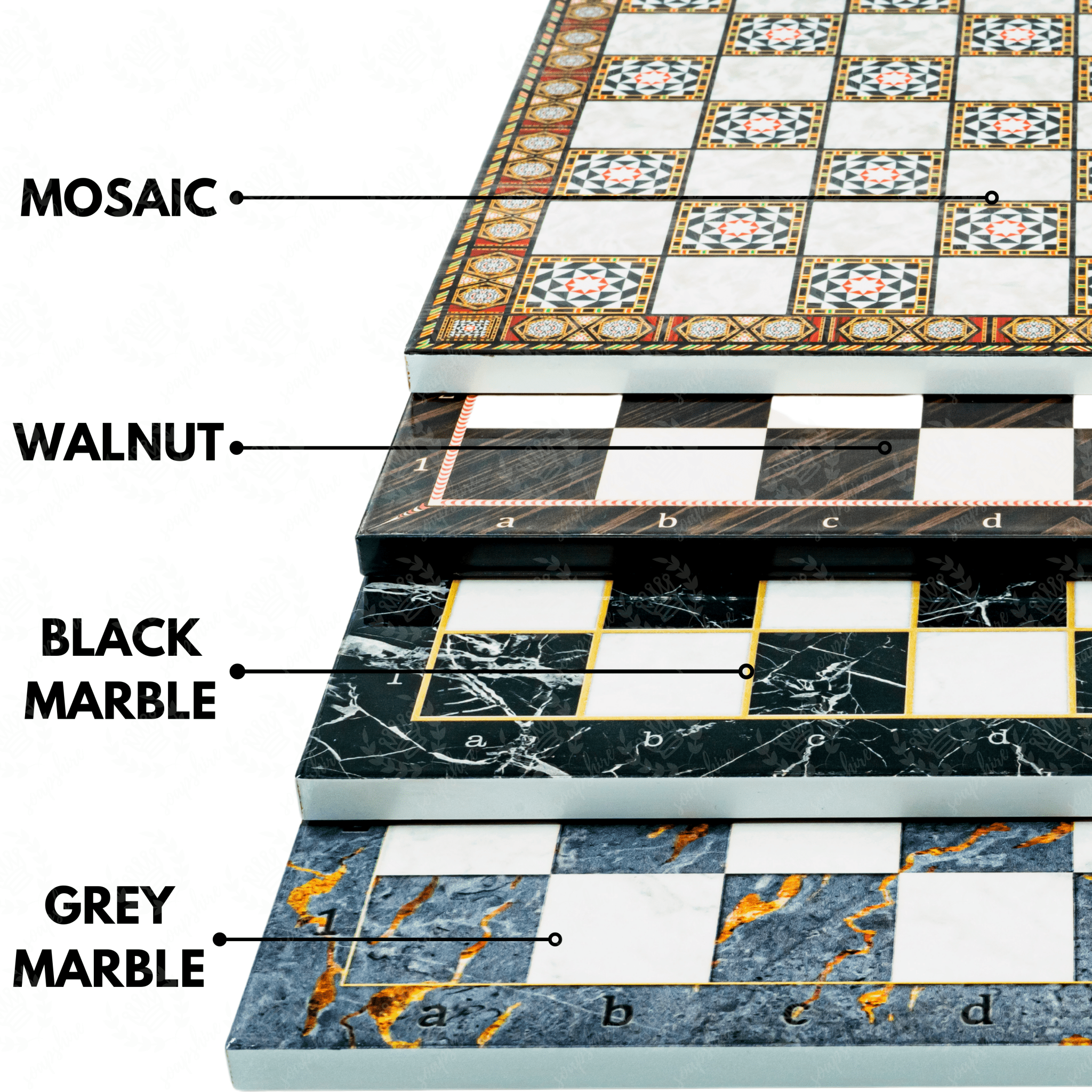 Metal British Chess Set | Wooden Board Marble/Walnut/Mosaic Pattern – 37 cm (14.5 inch) - Cooper Chess