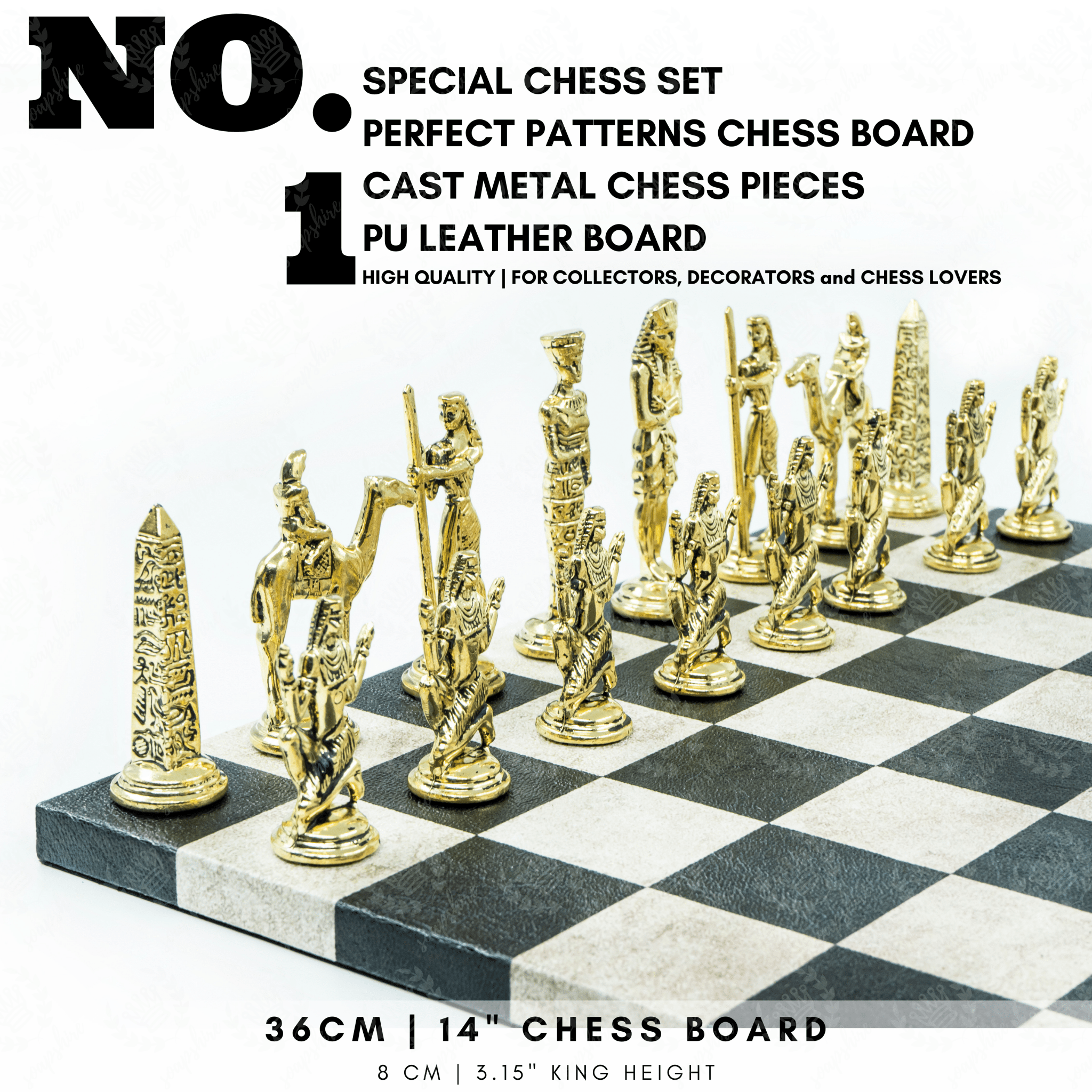 Metal Egyptian Chess Set | Leather Board – 36 cm (14 inch) - Cooper Chess