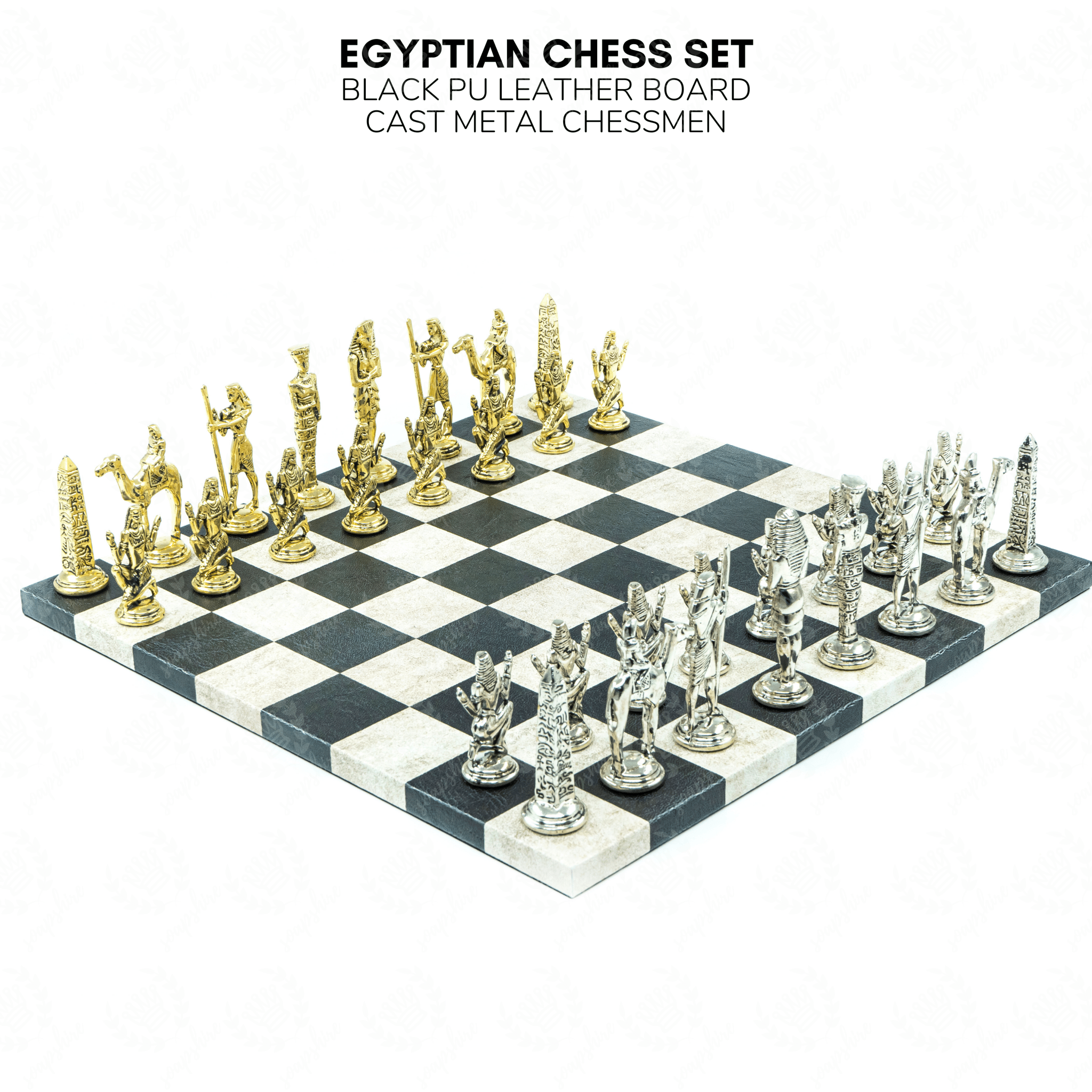 Metal Egyptian Chess Set | Leather Board – 36 cm (14 inch) - Cooper Chess