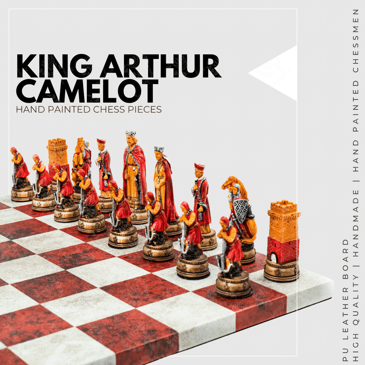 King Arthur Camelot Chess Set | Handpainted Historical Figures | Leather Board – 36 cm (14 inch) - Cooper Chess