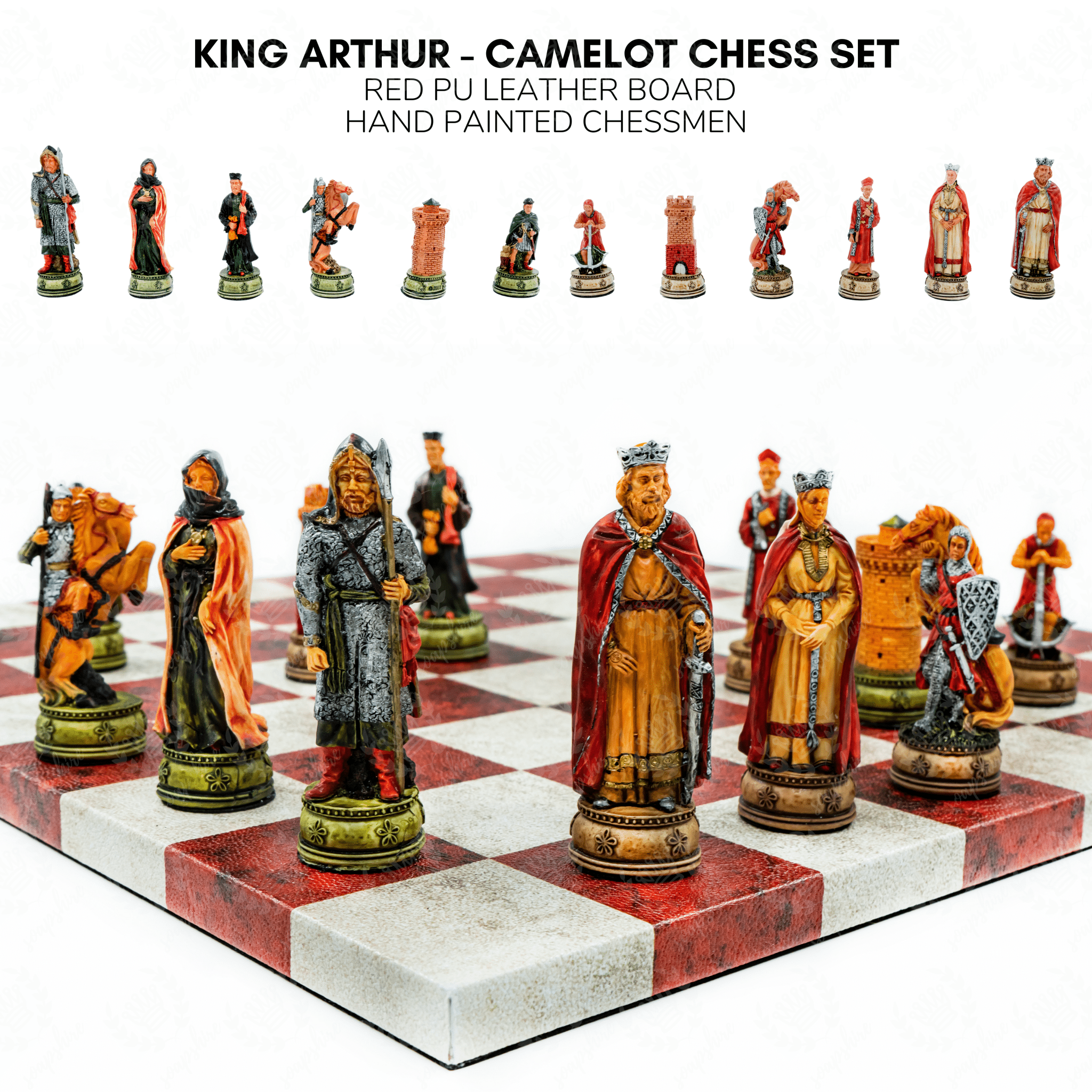 King Arthur Camelot Chess Set | Handpainted Historical Figures | Leather Board – 36 cm (14 inch) - Cooper Chess