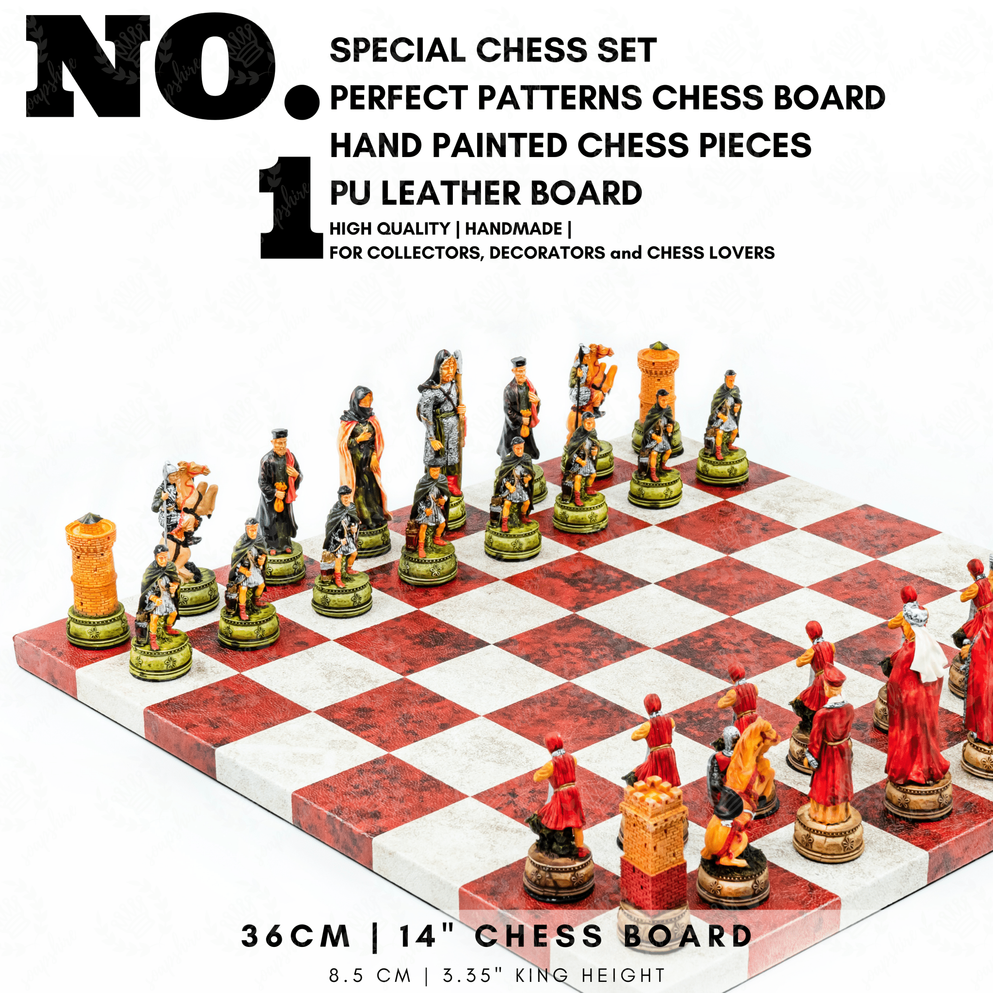 King Arthur Camelot Chess Set | Handpainted Historical Figures | Leather Board – 36 cm (14 inch) - Cooper Chess