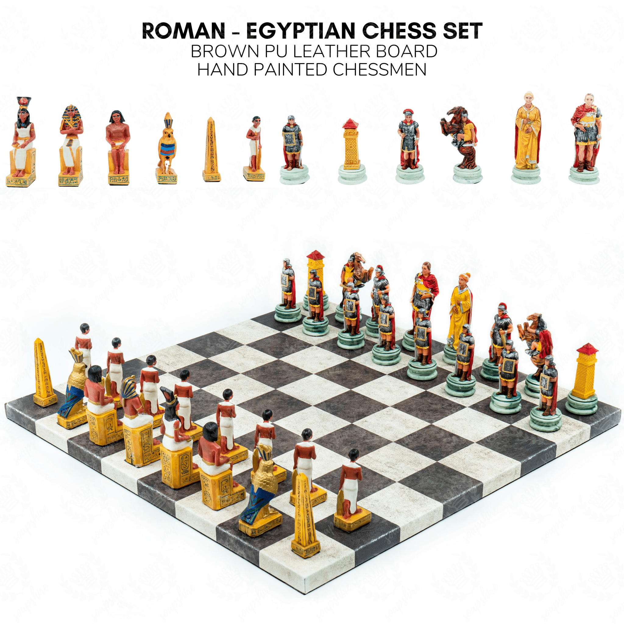 Roman vs Egyptian Chess Set | Handpainted Historical Figures | Leather Board – 36 cm (14 inch) - Cooper Chess