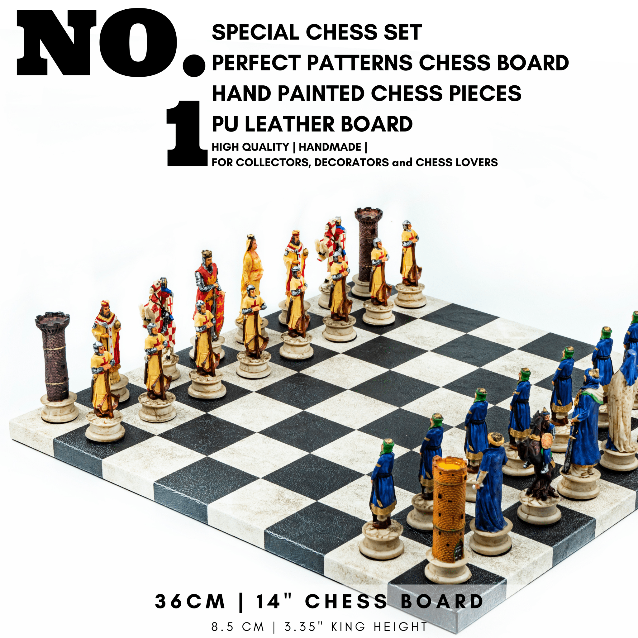 Selahaddin Eyyubi vs Crusader Chess Set | Handpainted Historical Figures | Leather Board – 36 cm (14 inch) - Cooper Chess