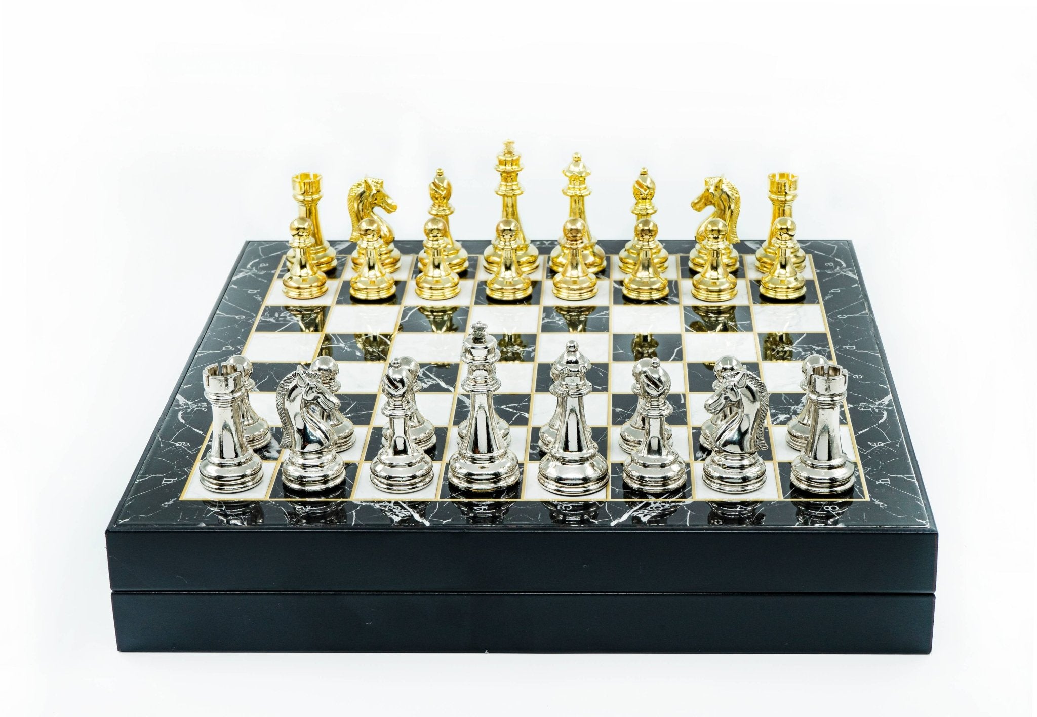 Metal Chess Set with Storage | Marble Pattern Board – 30/37 cm (12/14.5 inch) - Cooper Chess