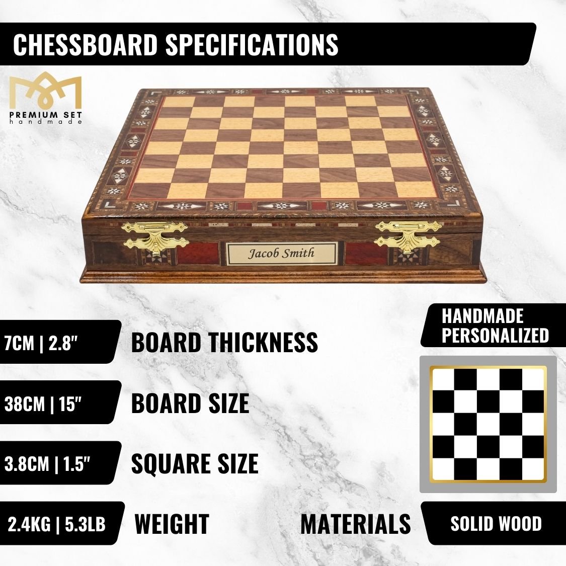 Handmade Inlay Storage Chess Set 38 CM (15") - Solid Wood Hand - Carved Chessmen - Cooper Chess