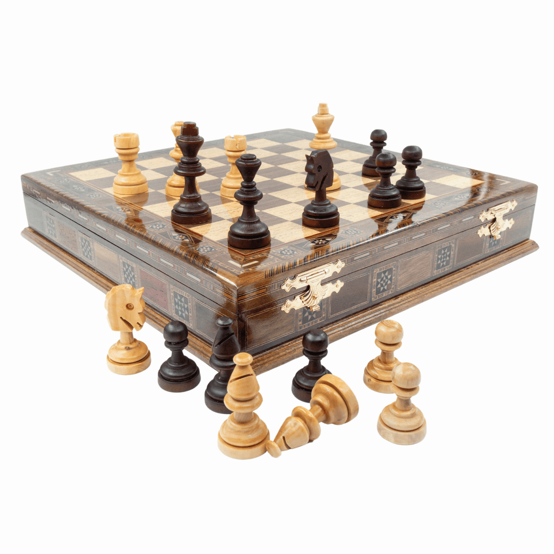 Schachspiel mit Intarsien, handgefertigt, 38 cm (15 Zoll) – Schachfiguren aus massivem Holz, handgeschnitzt