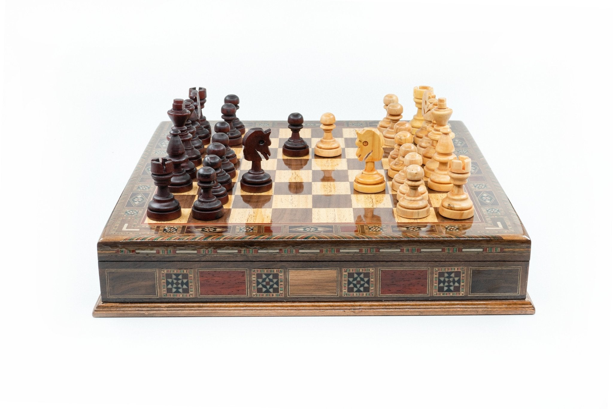 Handmade Inlay Storage Chess Set 38 CM (15") - Solid Wood Hand - Carved Chessmen - Cooper Chess