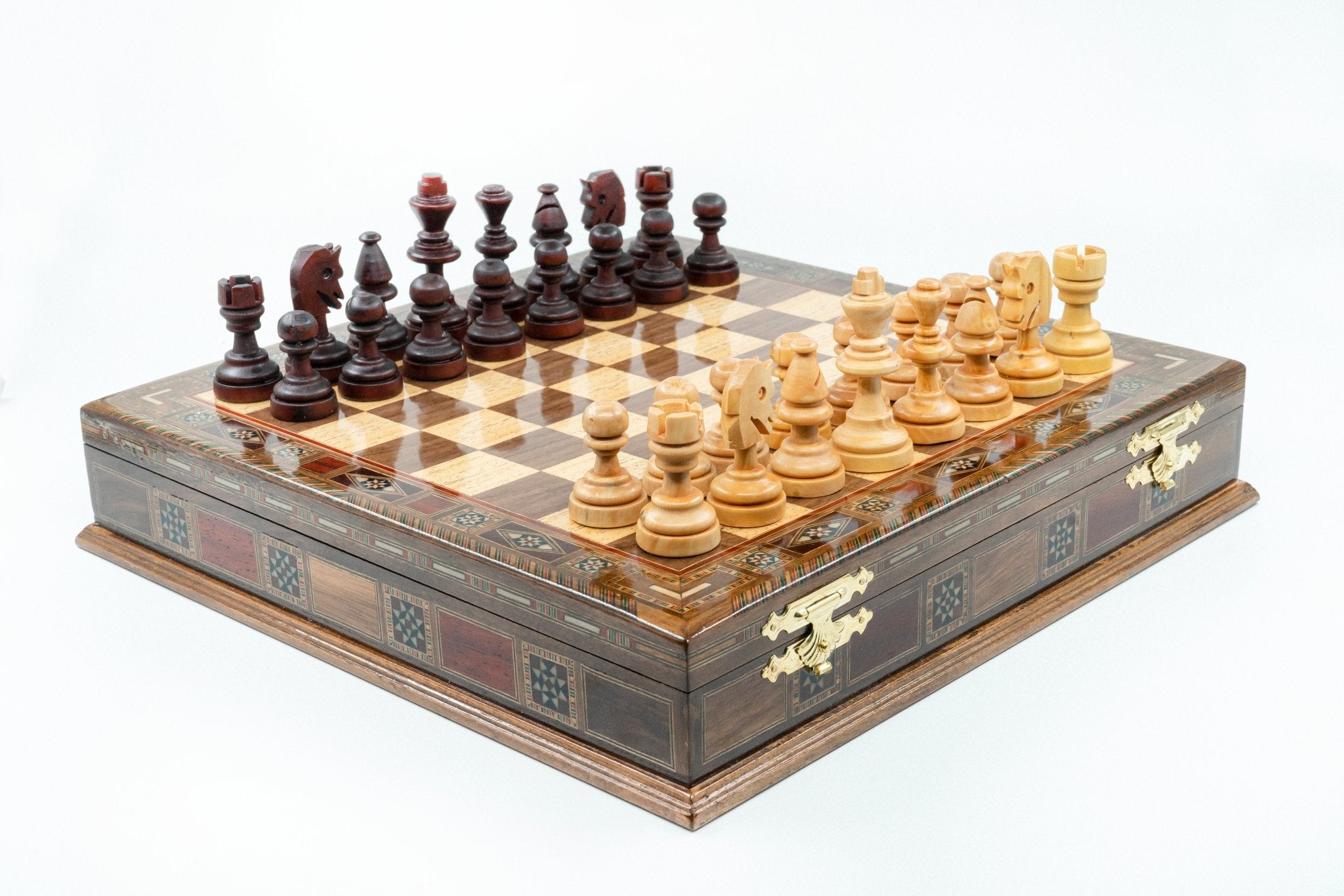 Handmade Inlay Storage Chess Set 38 CM (15") - Solid Wood Hand - Carved Chessmen - Cooper Chess