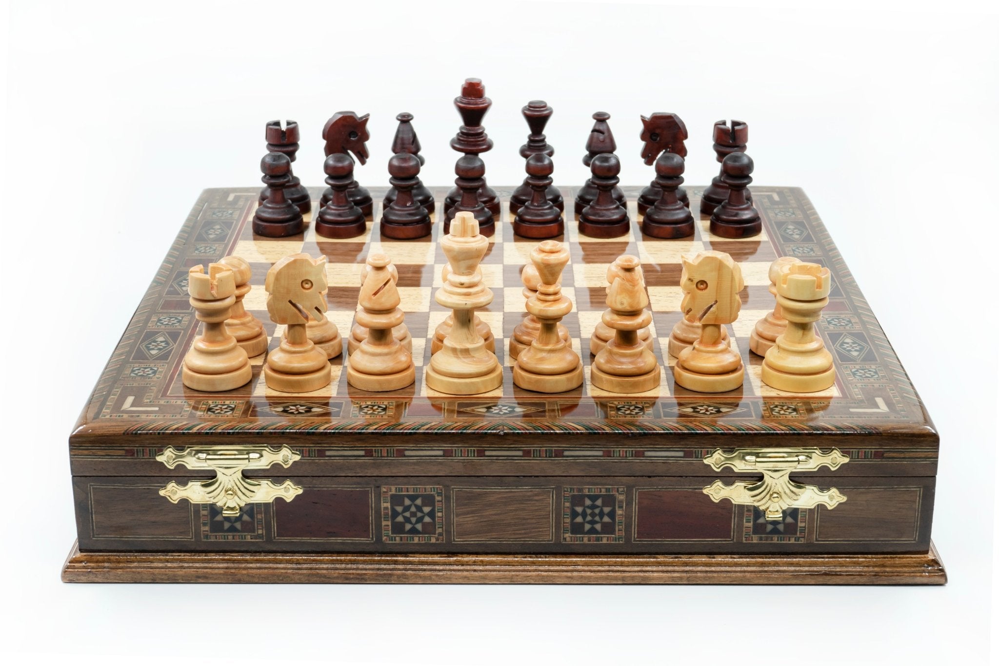 Handmade Inlay Storage Chess Set 38 CM (15") - Solid Wood Hand - Carved Chessmen - Cooper Chess