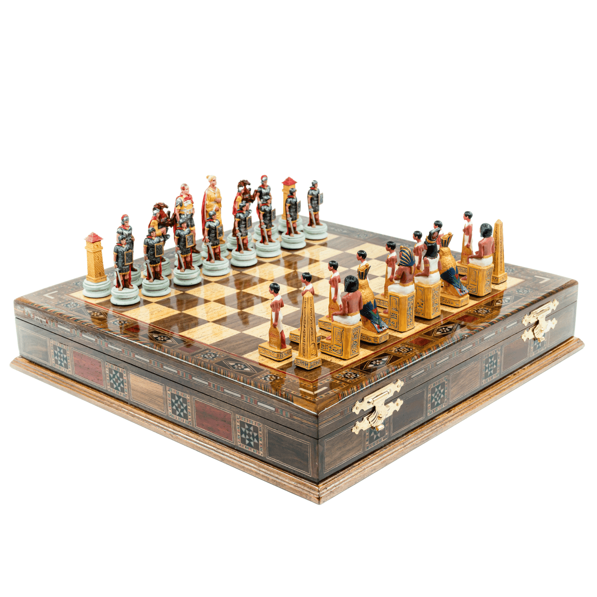 Handmade Inlay Storage Chess Set 38 CM (15") - Roman vs Egyptian Pieces - Cooper Chess