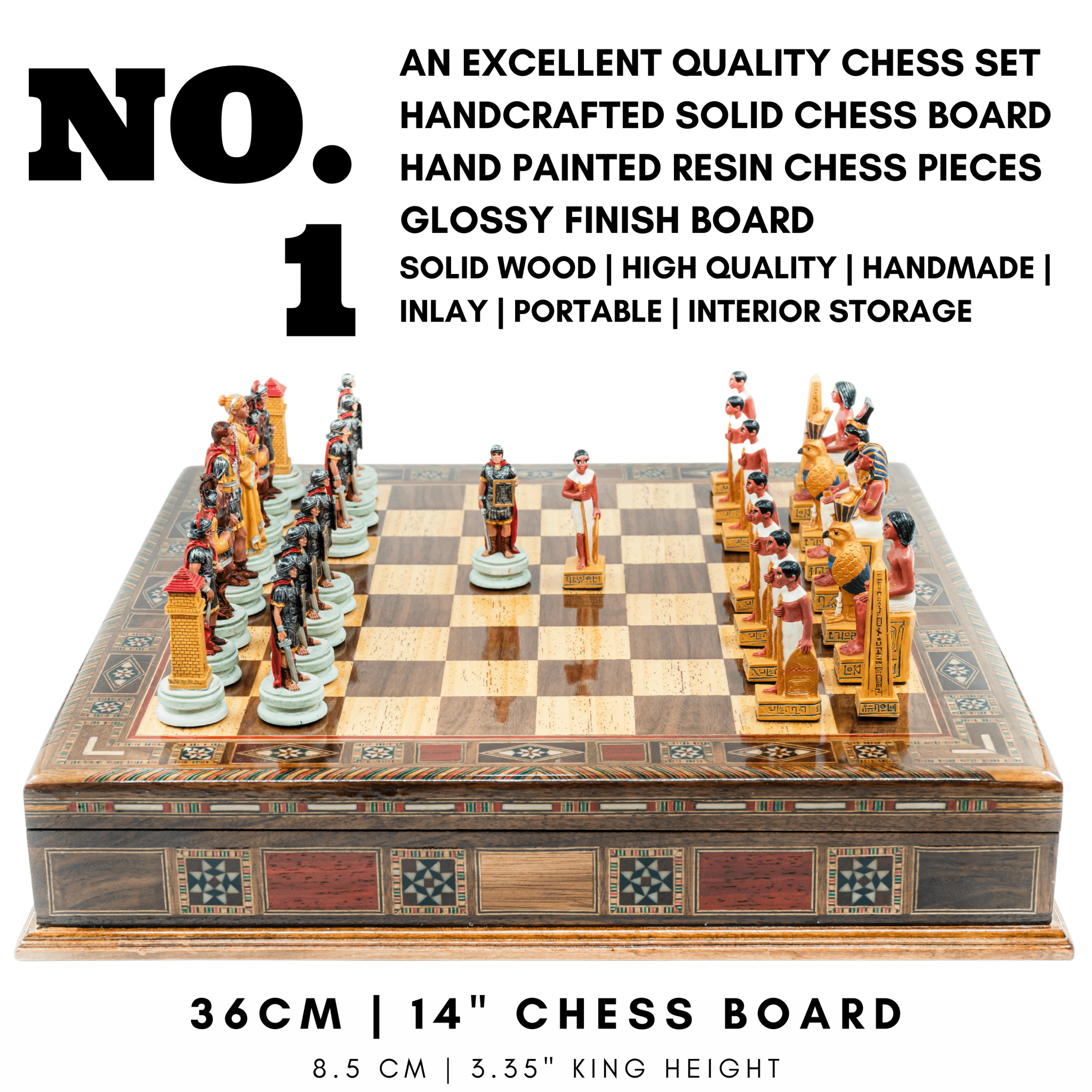 Handmade Inlay Storage Chess Set 38 CM (15") - Roman vs Egyptian Pieces - Cooper Chess