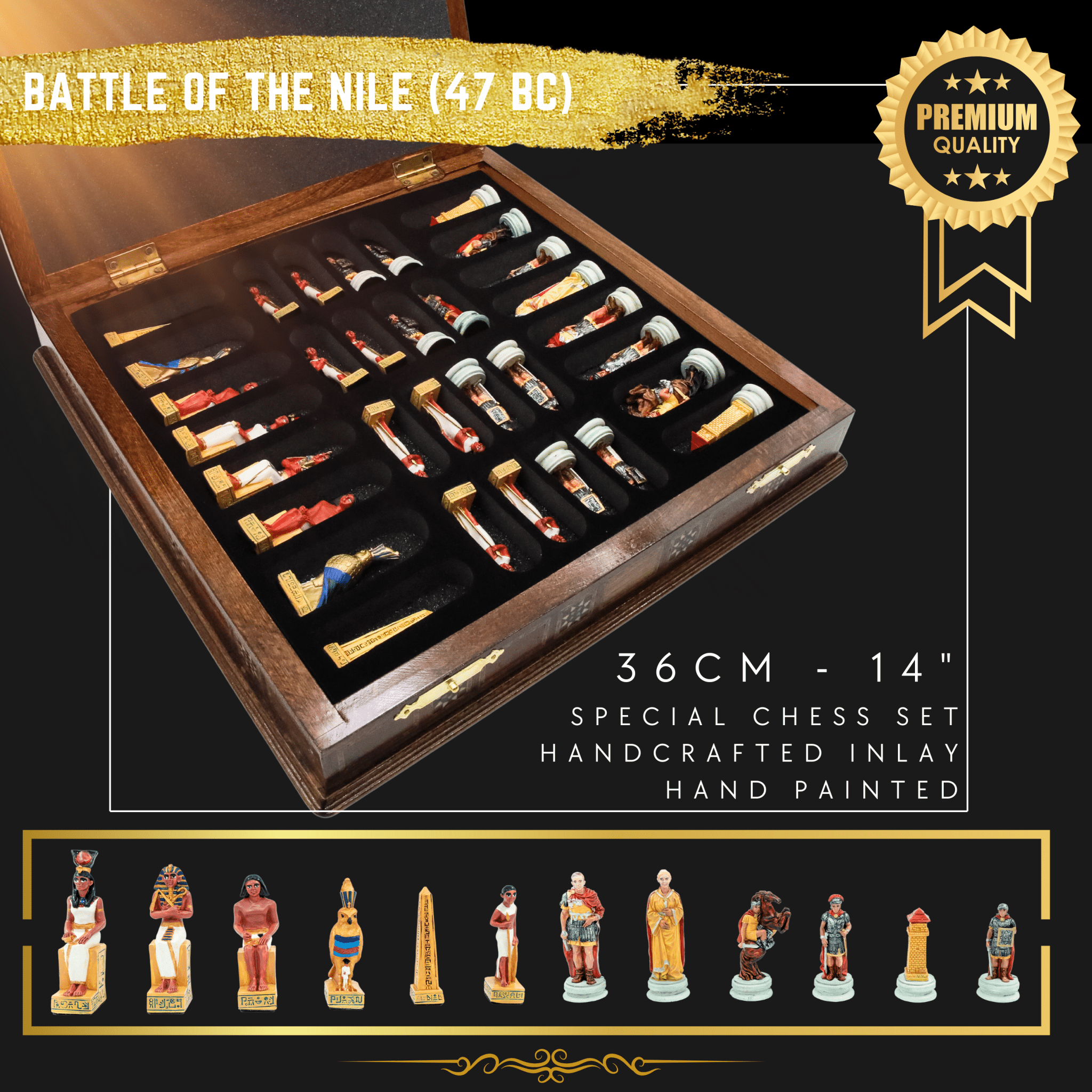 Handmade Inlay Storage Chess Set 38 CM (15") - Roman vs Egyptian Pieces - Cooper Chess