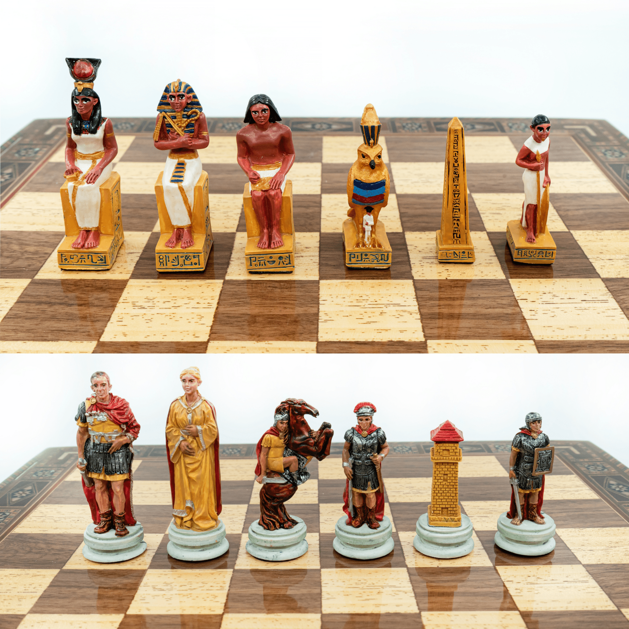 Handmade Inlay Storage Chess Set 38 CM (15") - Roman vs Egyptian Pieces - Cooper Chess