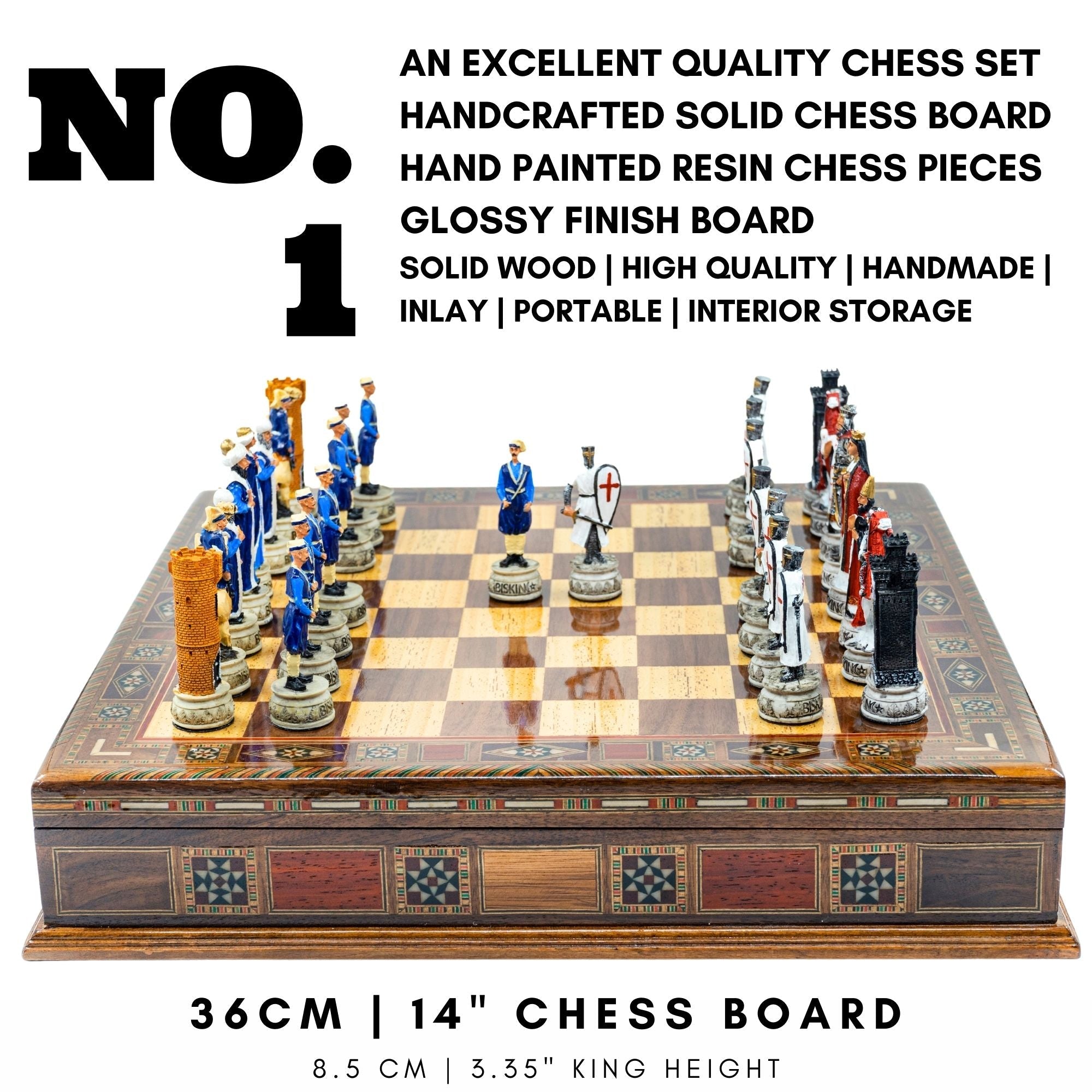 Handmade Inlay Storage Chess Set 38 CM (15") - Ottoman vs White Crusaders Pieces - Cooper Chess