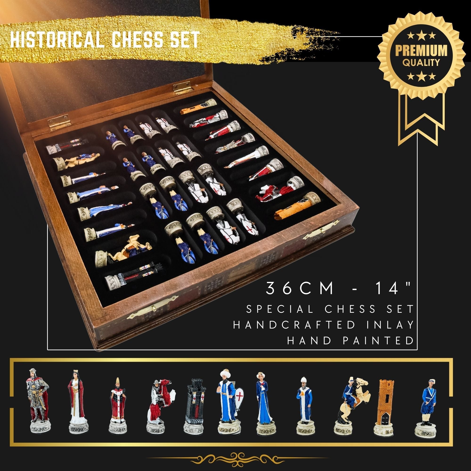 Handmade Inlay Storage Chess Set 38 CM (15") - Ottoman vs White Crusaders Pieces - Cooper Chess