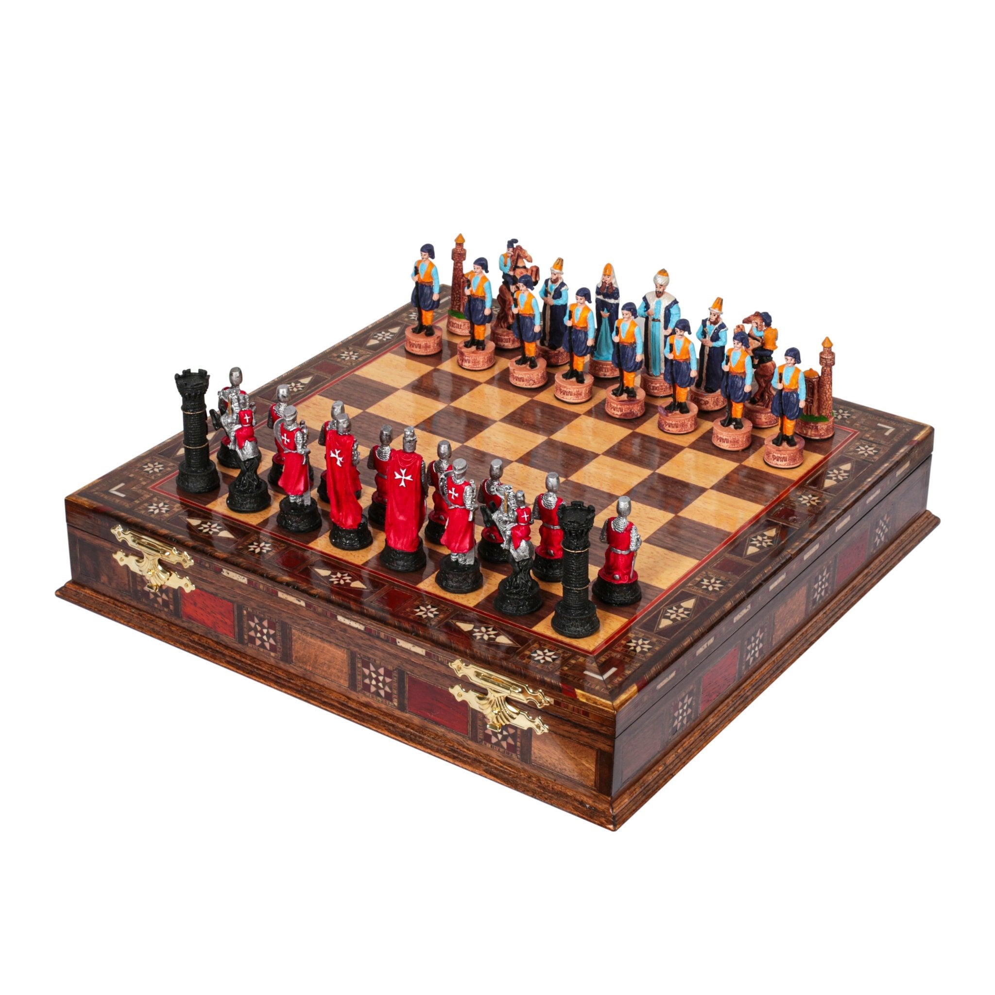 Handmade Inlay Storage Chess Set 38 CM (15") - Ottoman vs Black Crusaders Pieces - Cooper Chess