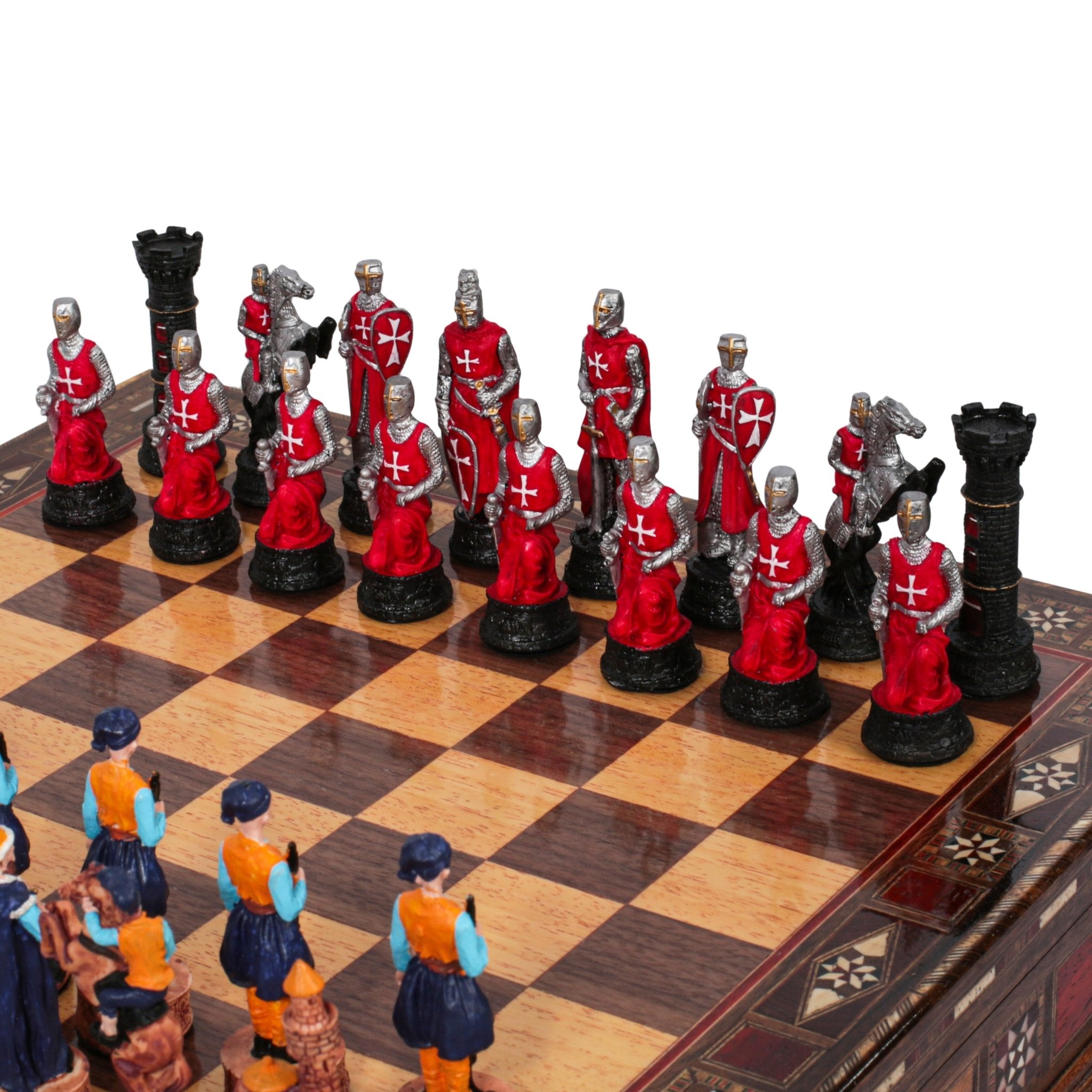 Handmade Inlay Storage Chess Set 38 CM (15") - Ottoman vs Black Crusaders Pieces - Cooper Chess