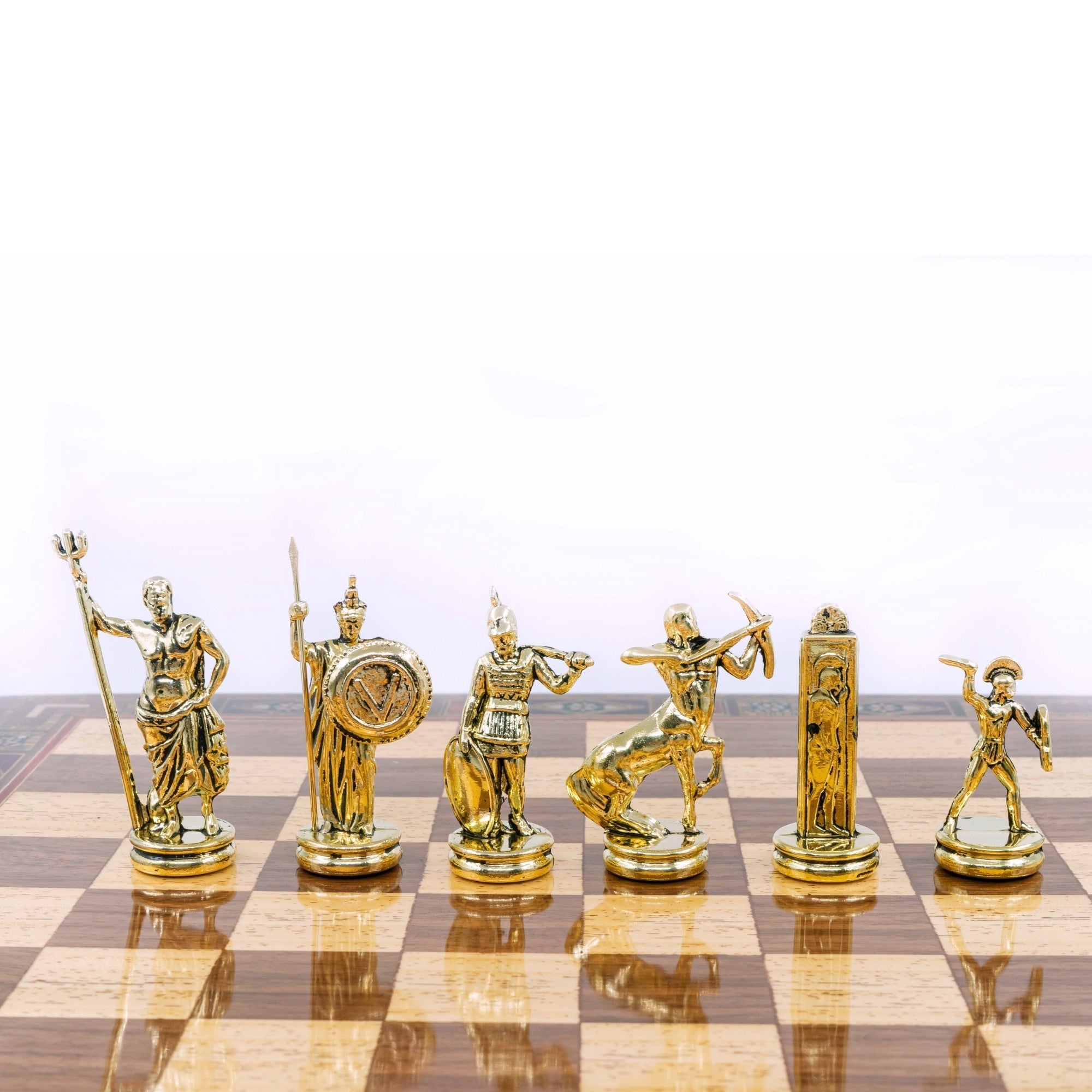 Handmade Inlay Storage Chess Set 38 CM (15") - Greek Poseidon Die Cast Metal Pieces - Cooper Chess