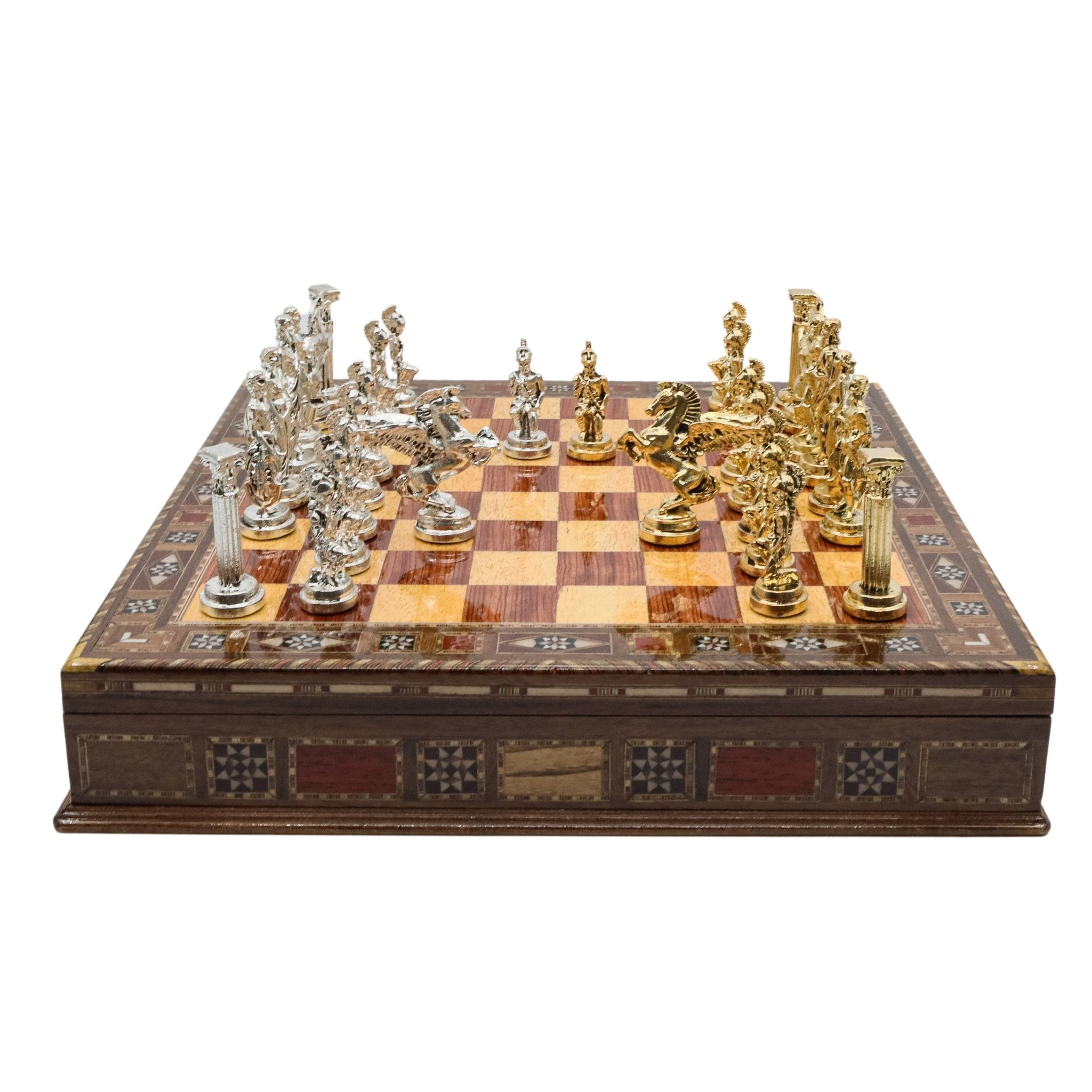 Handmade Inlay Storage Chess Set 38 CM (15") - Mythology Pegasus Die Cast Metal Pieces - Cooper Chess