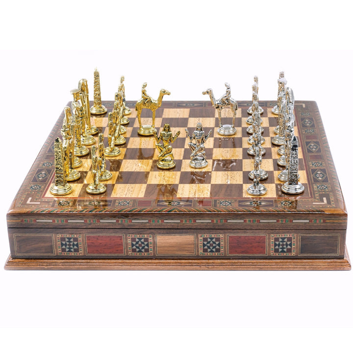 Handmade Inlay Storage Chess Set 38 CM (15") - Egyptian Cleopatra Die Cast Metal Pieces - Cooper Chess