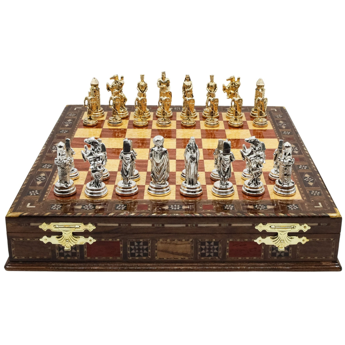 Handmade Inlay Storage Chess Set 38 CM (15") - Ottoman Empire vs Crusaders Die Cast Metal Pieces - Cooper Chess