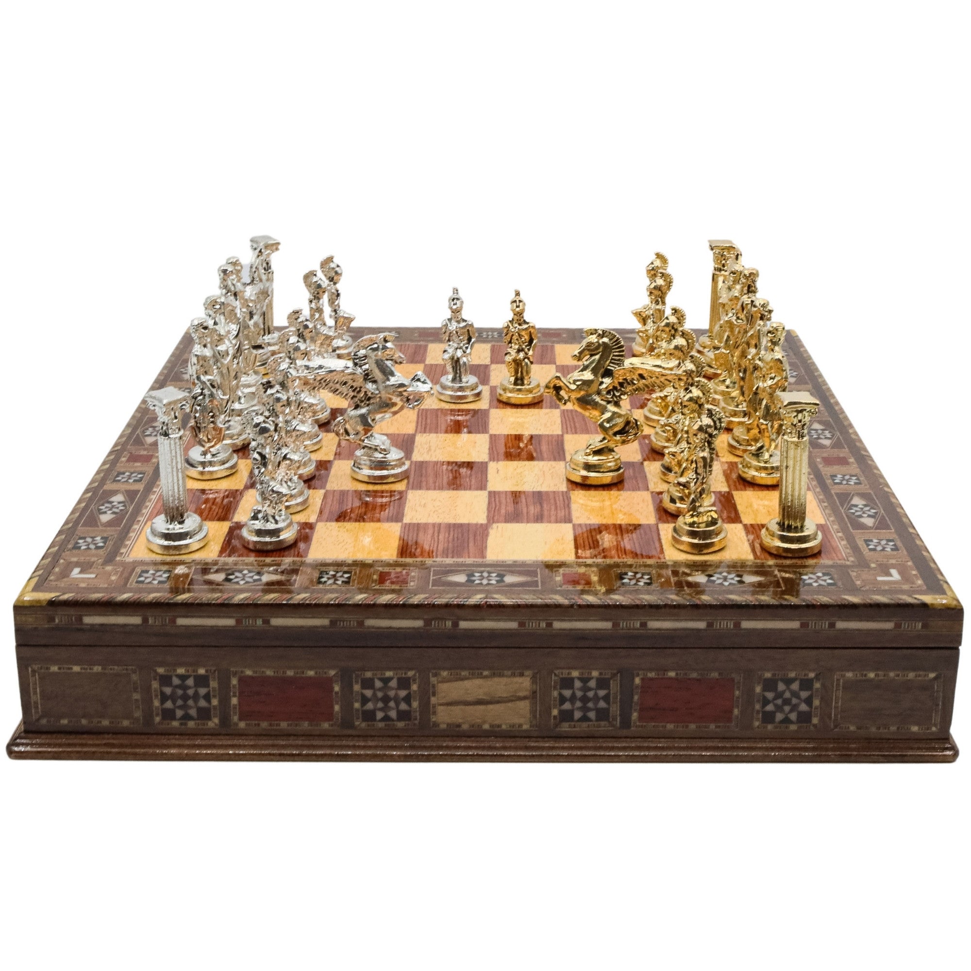 Handmade Inlay Storage Chess Set 38 CM (15") - Mythology Pegasus Die Cast Metal Pieces - Cooper Chess