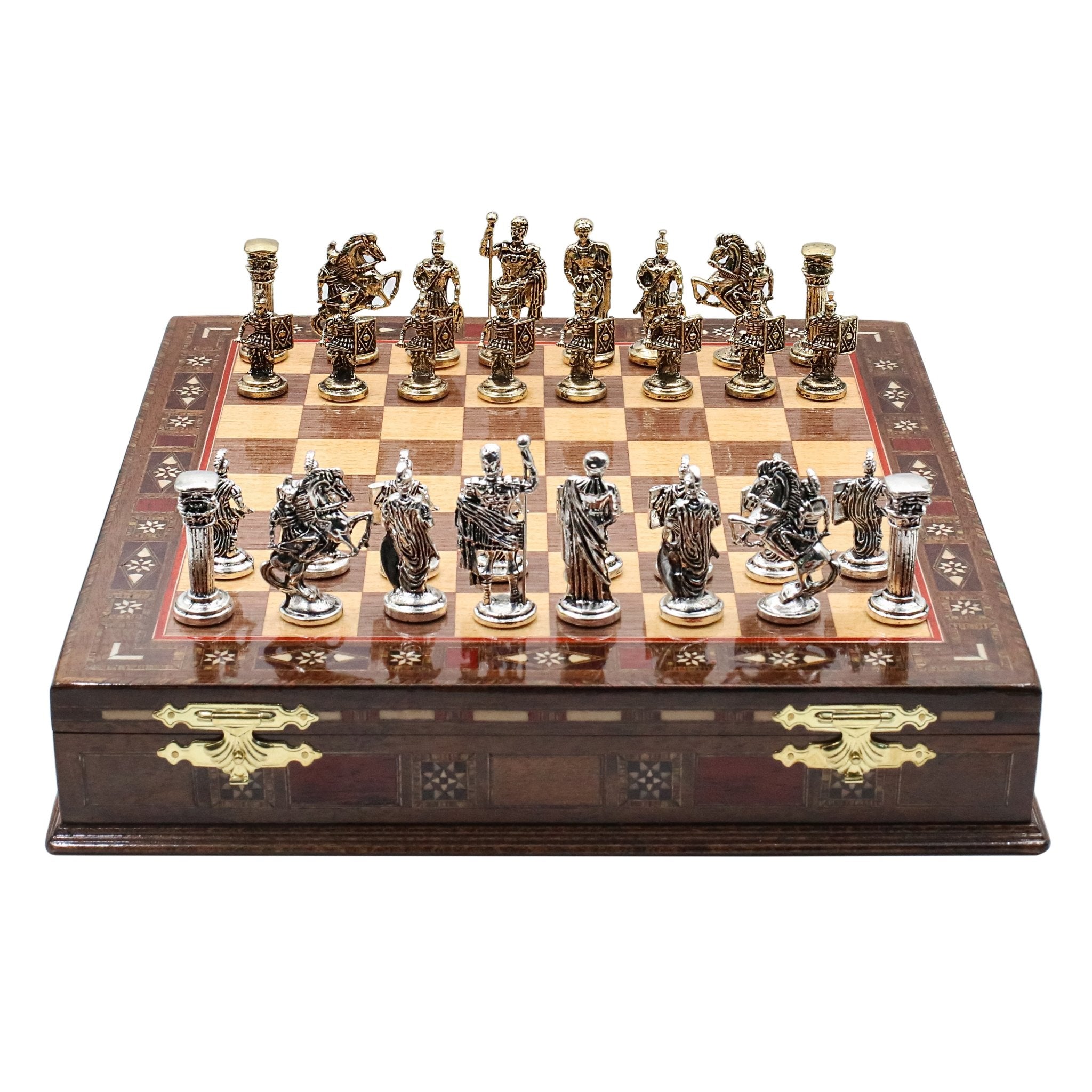 Handmade Inlay Storage Chess Set 38 CM (15") - Roman Empire Die Cast Metal Pieces - Cooper Chess