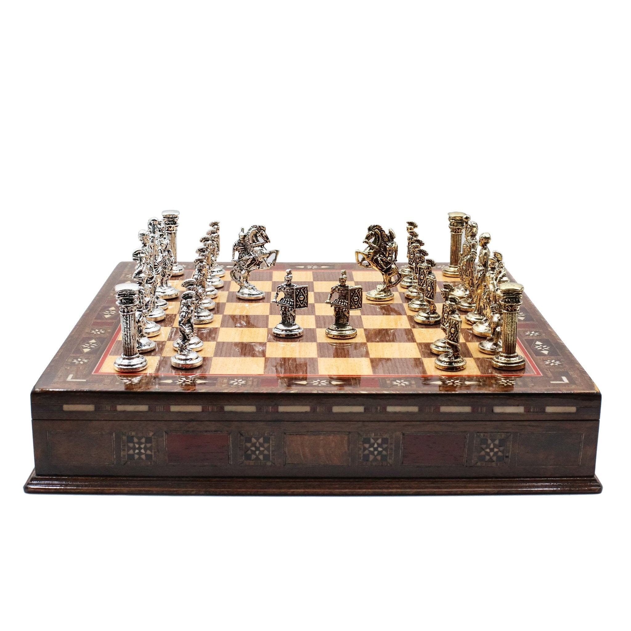 Handmade Inlay Storage Chess Set 38 CM (15") - Roman Empire Die Cast Metal Pieces - Cooper Chess