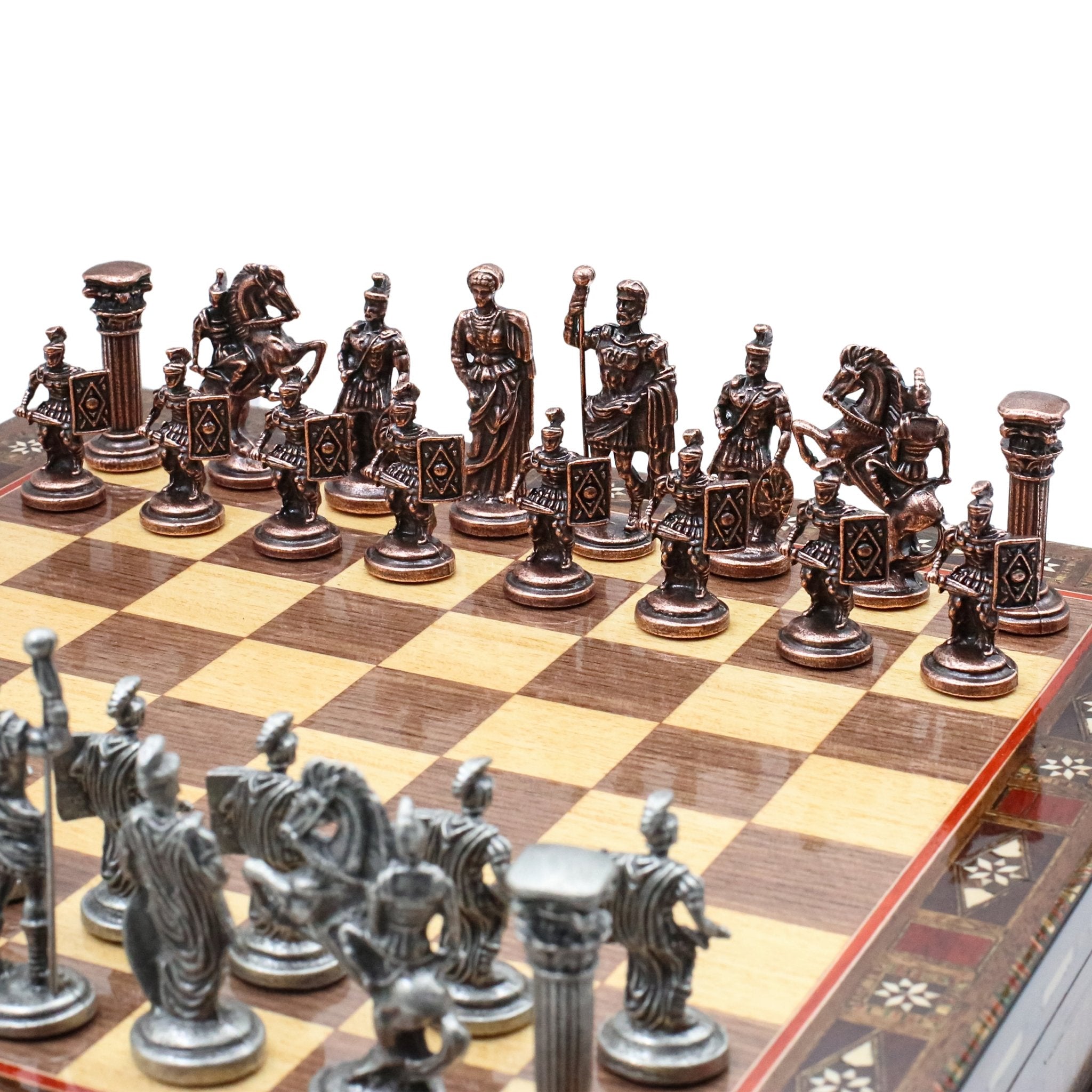 Handmade Inlay Storage Chess Set 38 CM (15") - Vintage Roman Empire Die Cast Metal Pieces - Cooper Chess