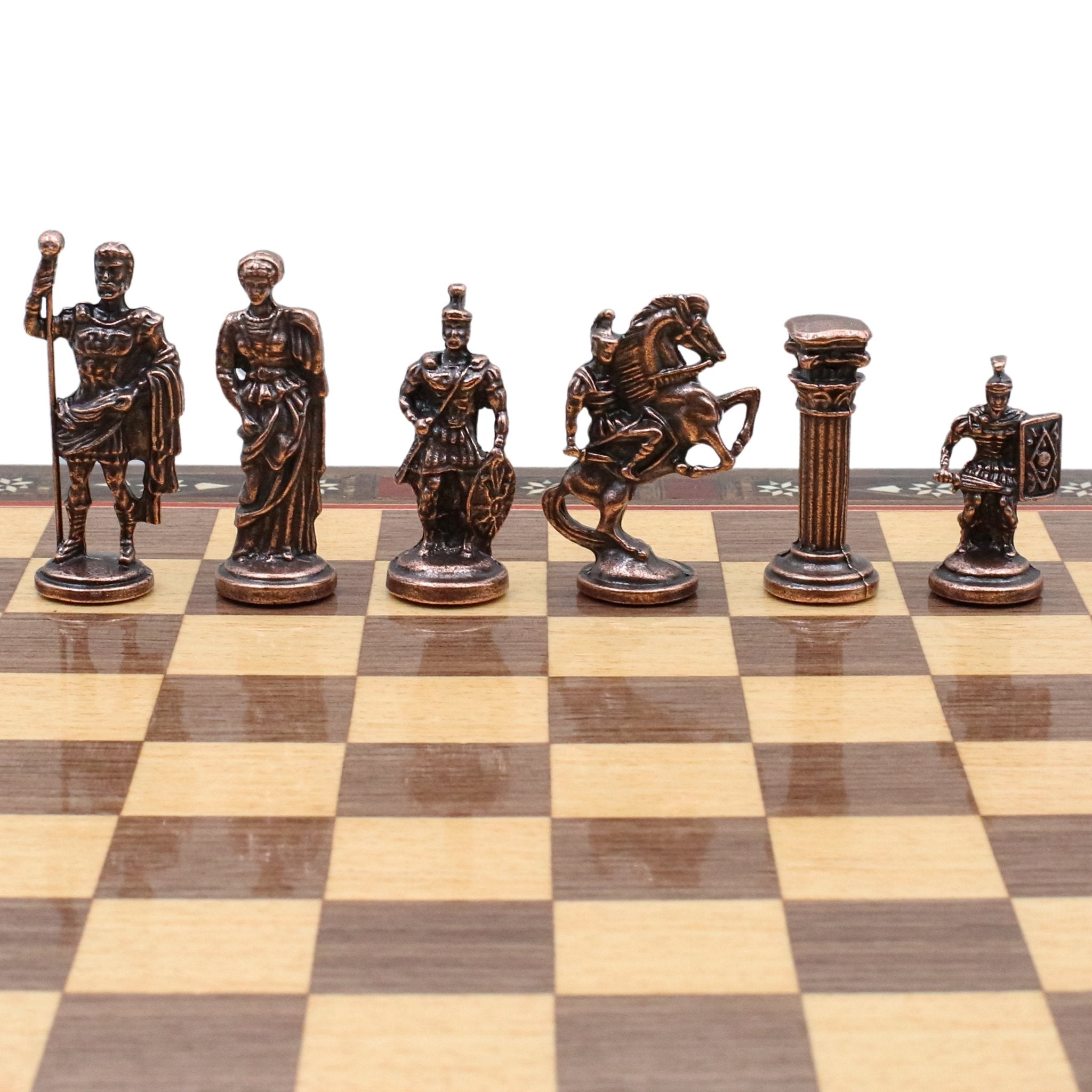 Handmade Inlay Storage Chess Set 38 CM (15") - Vintage Roman Empire Die Cast Metal Pieces - Cooper Chess