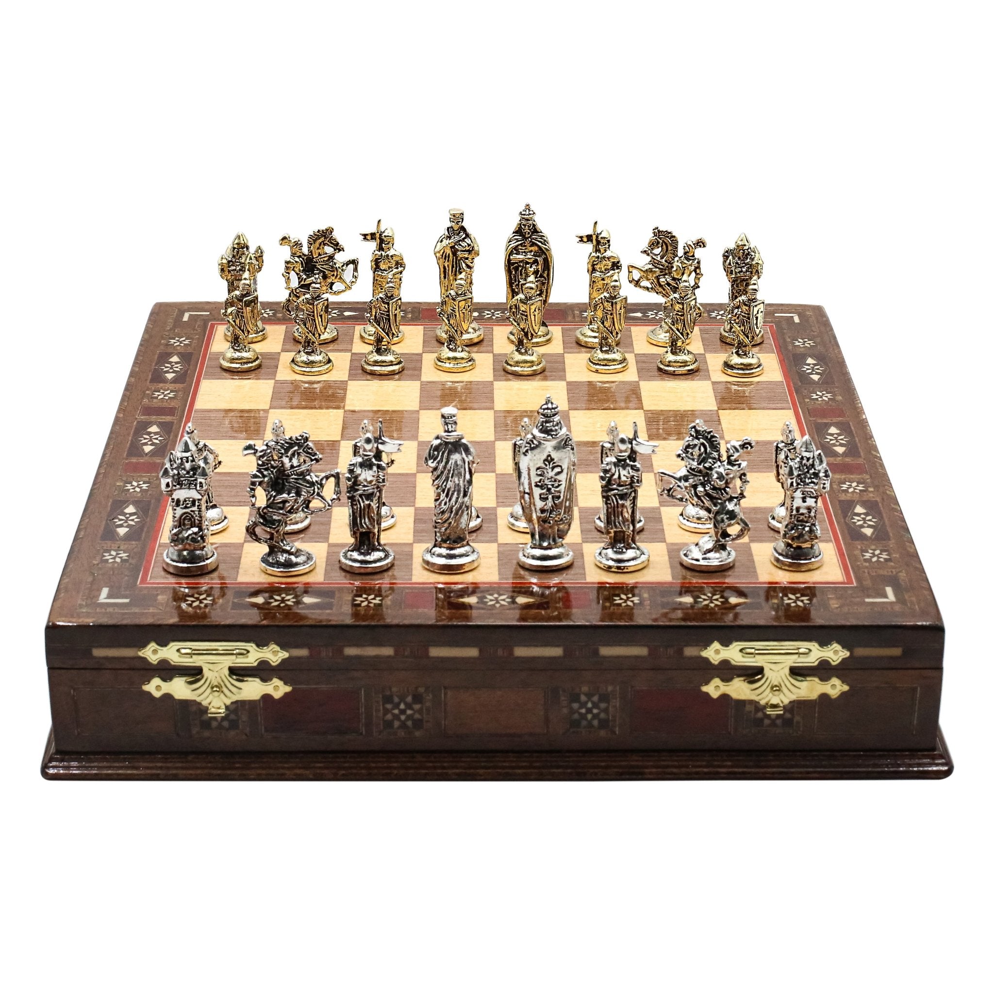 Handmade Inlay Storage Chess Set 38 CM (15") - Medieval British Die Cast Metal Pieces - Cooper Chess