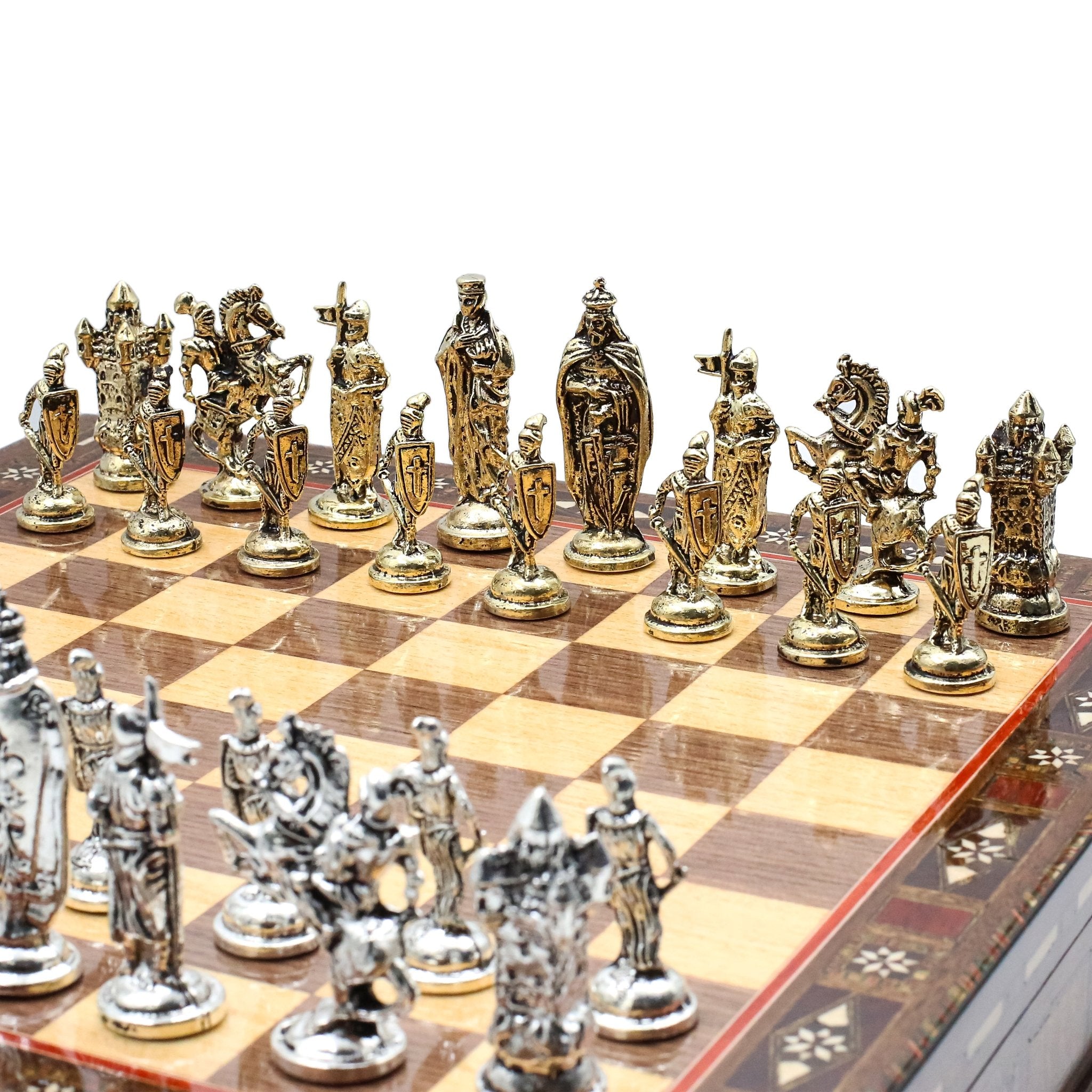 Handmade Inlay Storage Chess Set 38 CM (15") - Medieval British Die Cast Metal Pieces - Cooper Chess