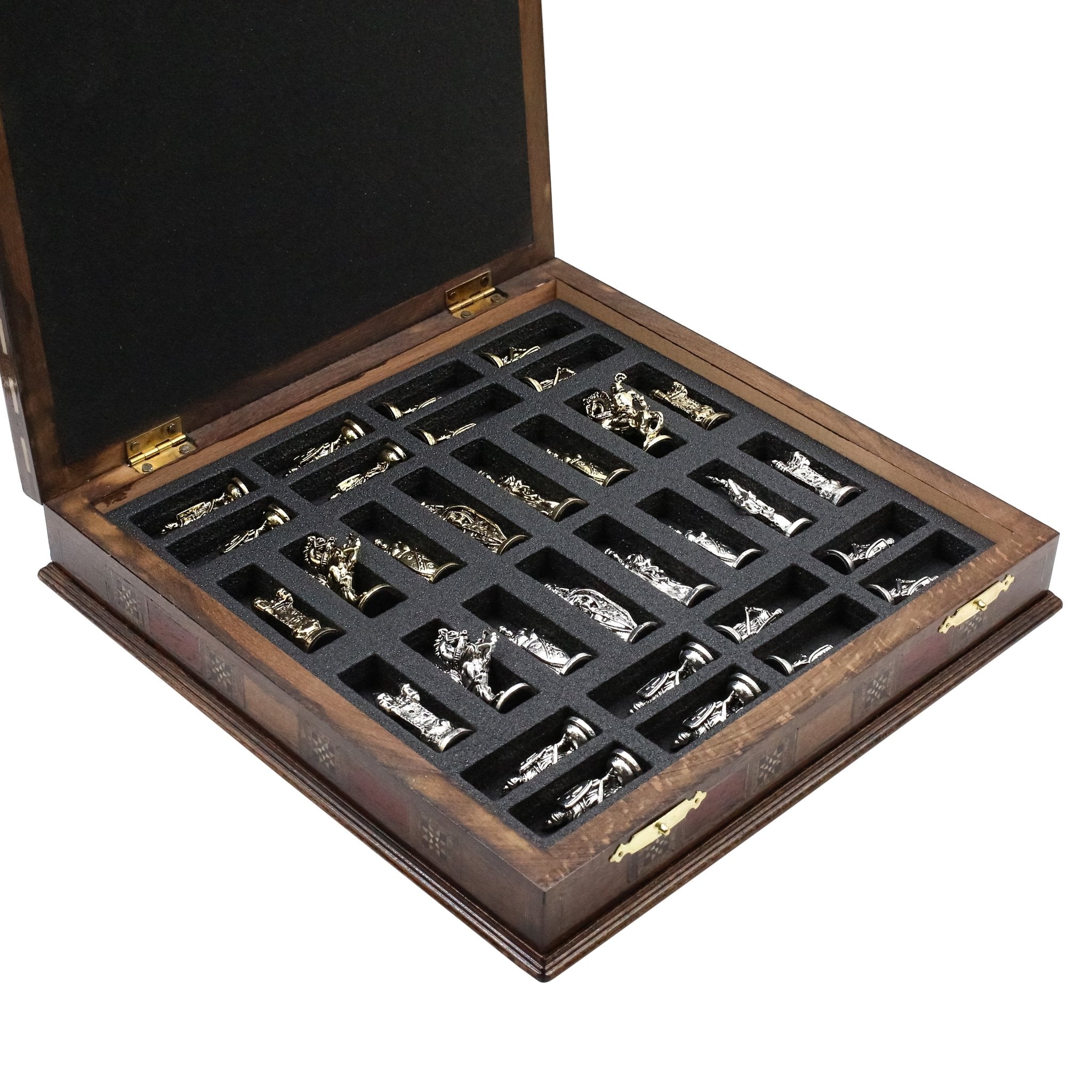 Handmade Inlay Storage Chess Set 38 CM (15") - Medieval British Die Cast Metal Pieces - Cooper Chess