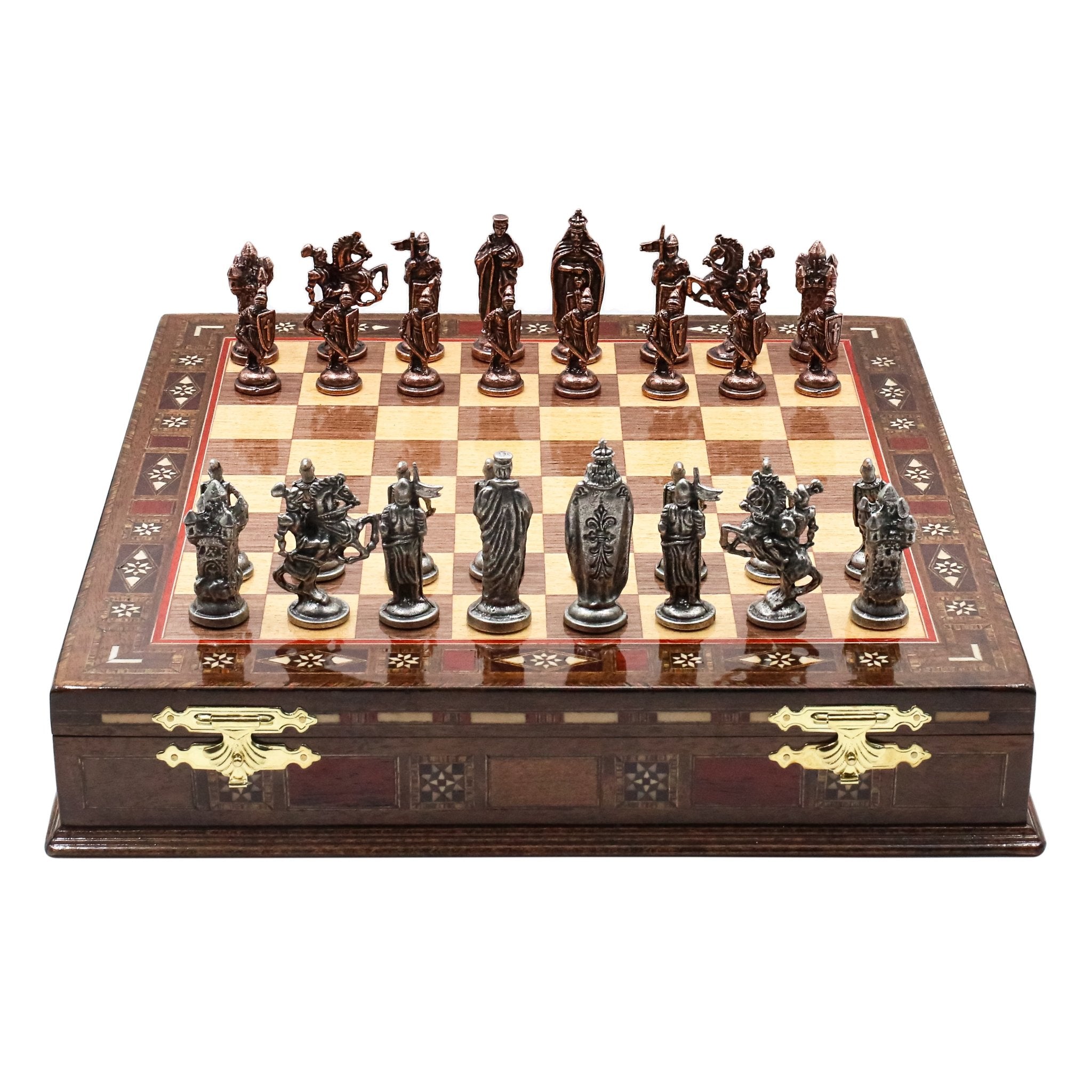 Handmade Inlay Storage Chess Set 38 CM (15") - Vintage Medieval British Die Cast Metal Pieces - Cooper Chess