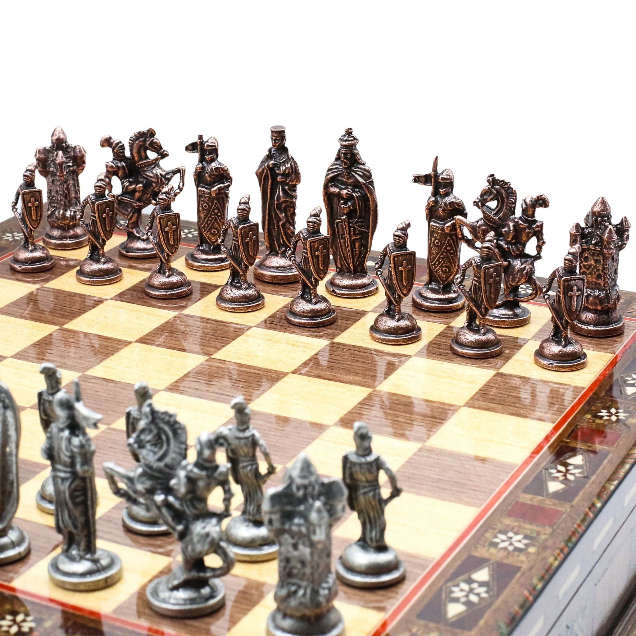 Handmade Inlay Storage Chess Set 38 CM (15") - Vintage Medieval British Die Cast Metal Pieces - Cooper Chess