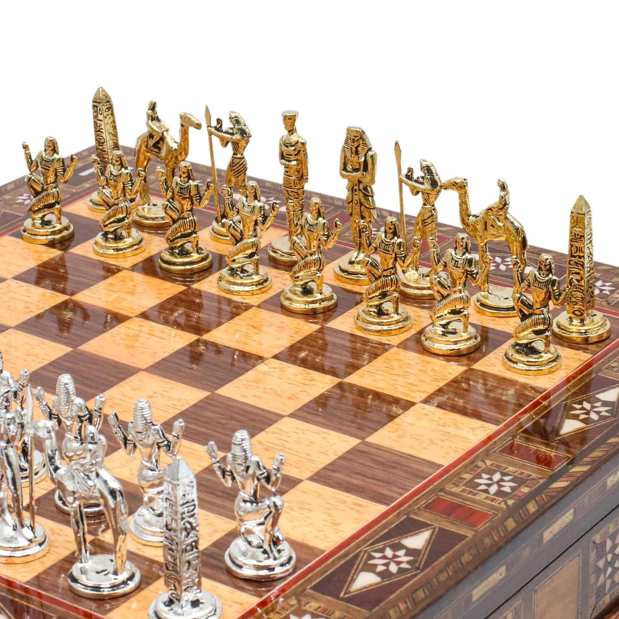 Handmade Inlay Storage Chess Set 30 CM (12") - Egyptian Cleopatra Die Cast Metal Pieces - Cooper Chess