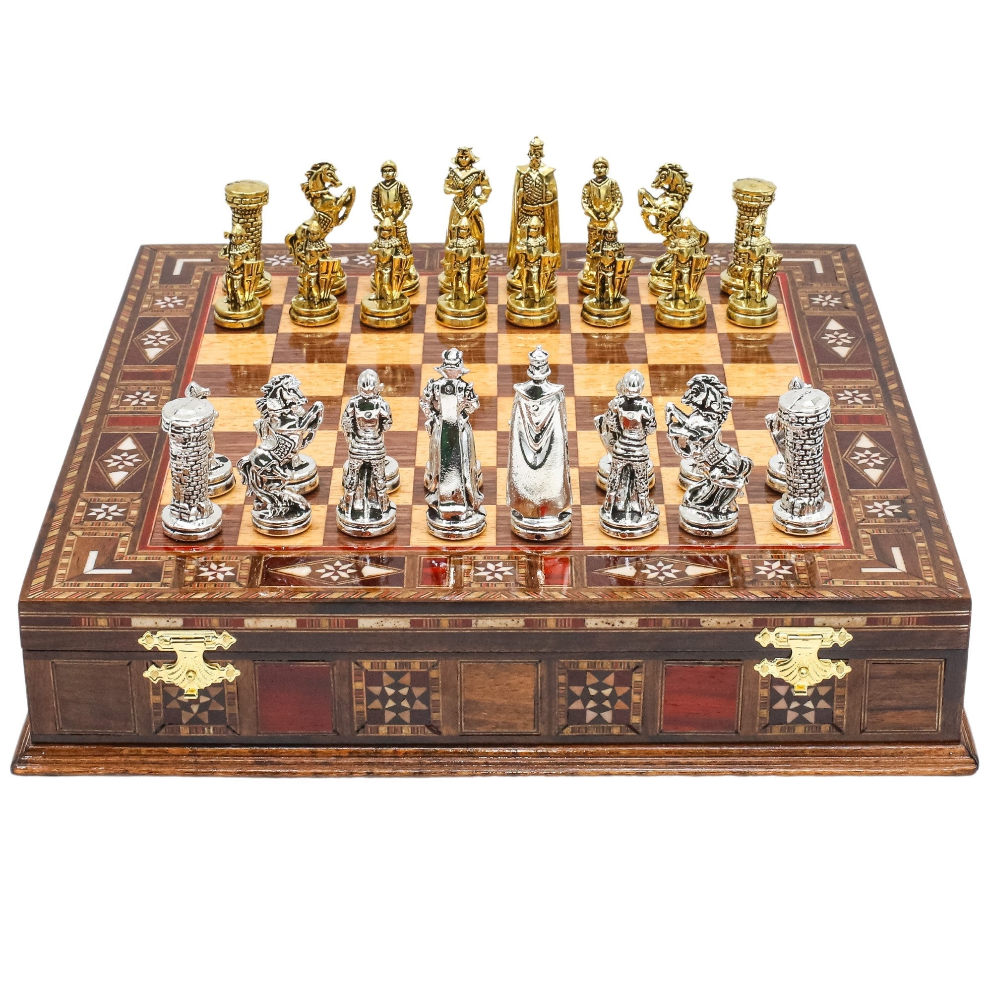 Handmade Inlay Storage Chess Set 30 CM (12") - Medieval British Die Cast Metal Pieces - Cooper Chess