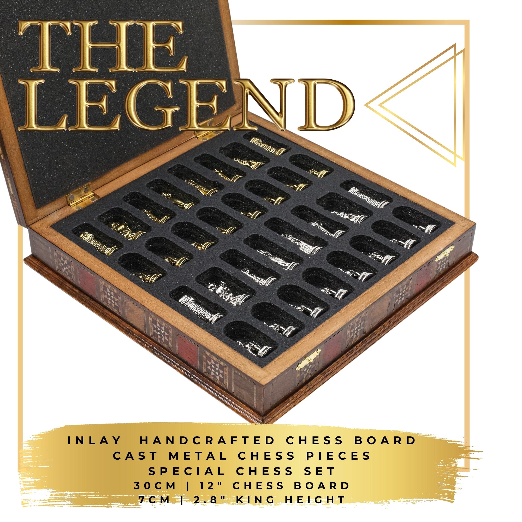 Handmade Inlay Storage Chess Set 30 CM (12") - Medieval British Die Cast Metal Pieces - Cooper Chess