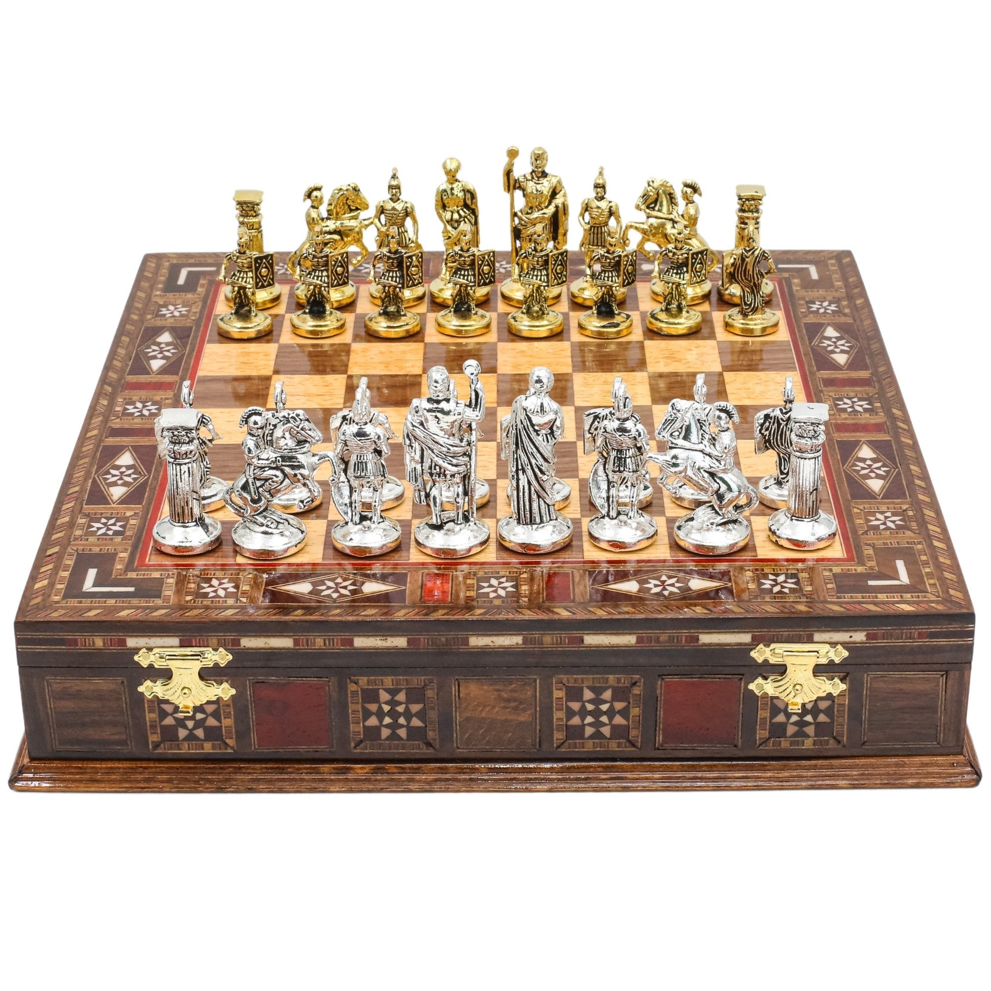 Handmade Inlay Storage Chess Set 30 CM (12") - Roman Empire Die Cast Metal Pieces - Cooper Chess