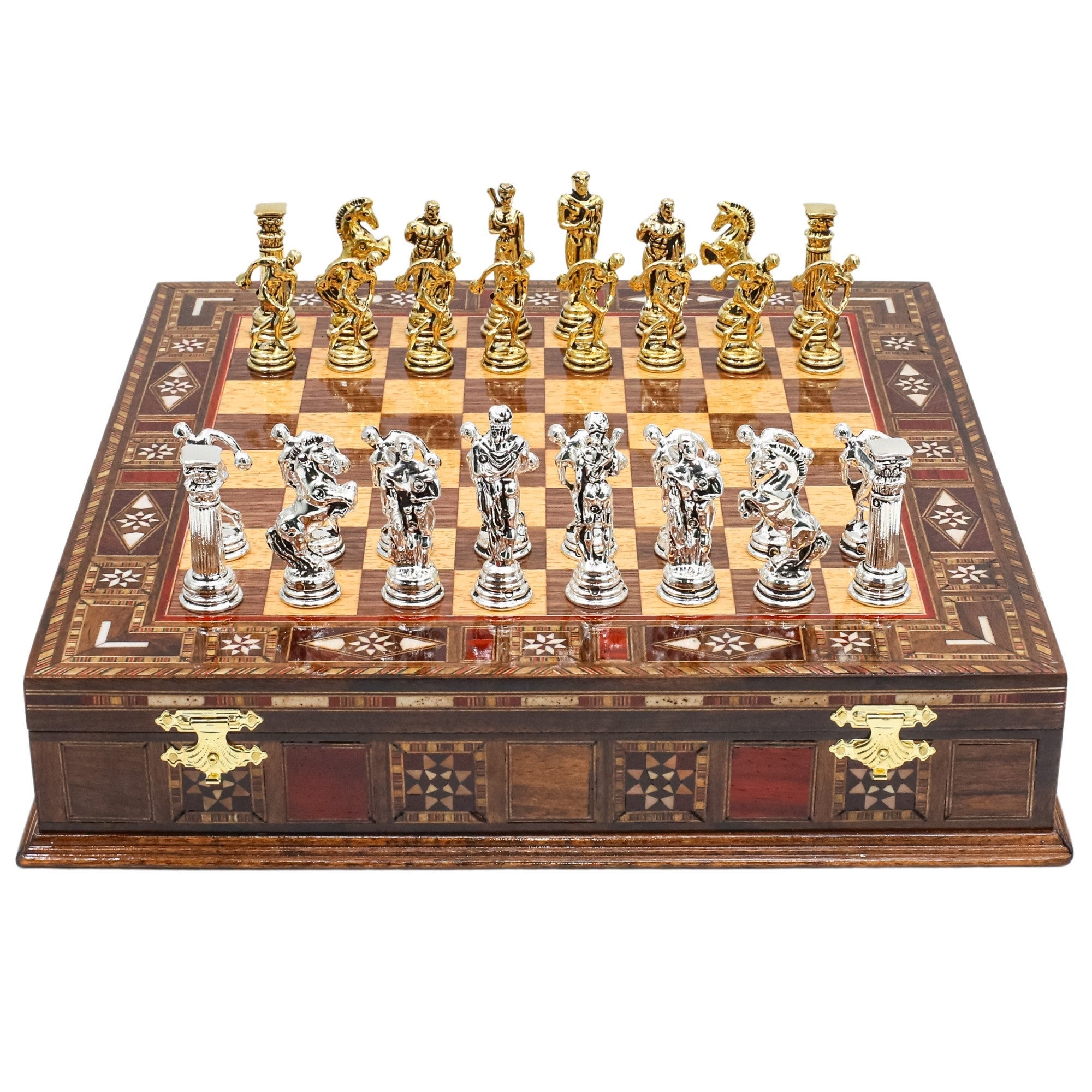 Handmade Inlay Storage Chess Set 30 CM (12") - Mythology Discus Die Cast Metal Pieces - Cooper Chess