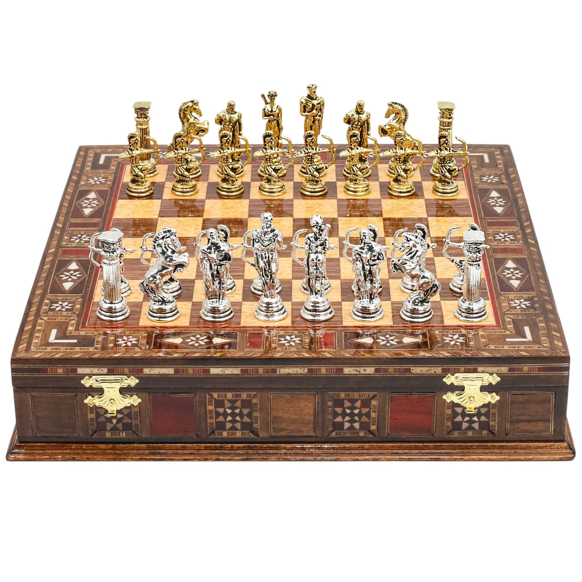 Handmade Inlay Storage Chess Set 30 CM (12") - Greek Archer Die Cast Metal Pieces - Cooper Chess